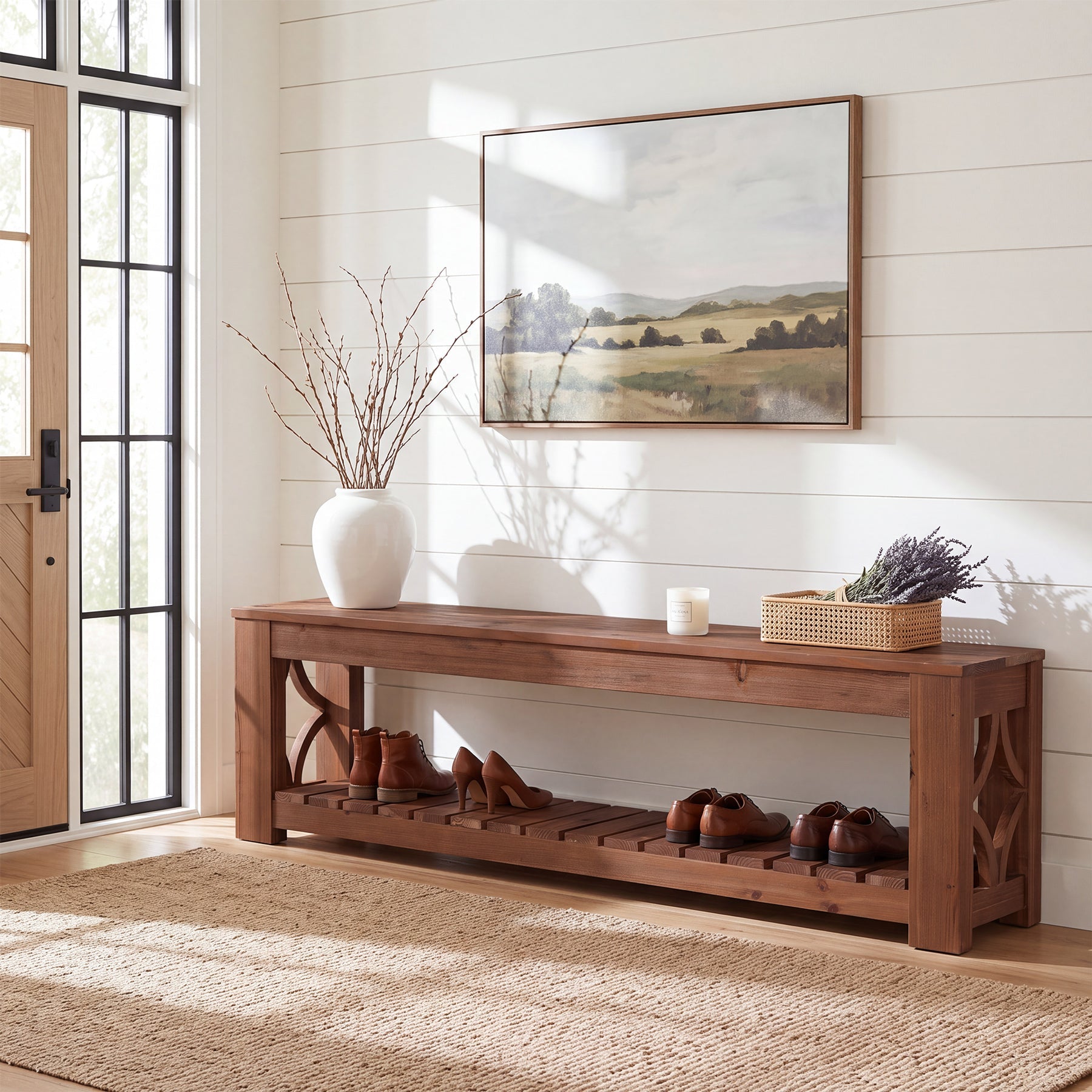 63" Solid Wood Entryway Bench, 2-Tier Shoe Storage Bench with Shelves for Hallway