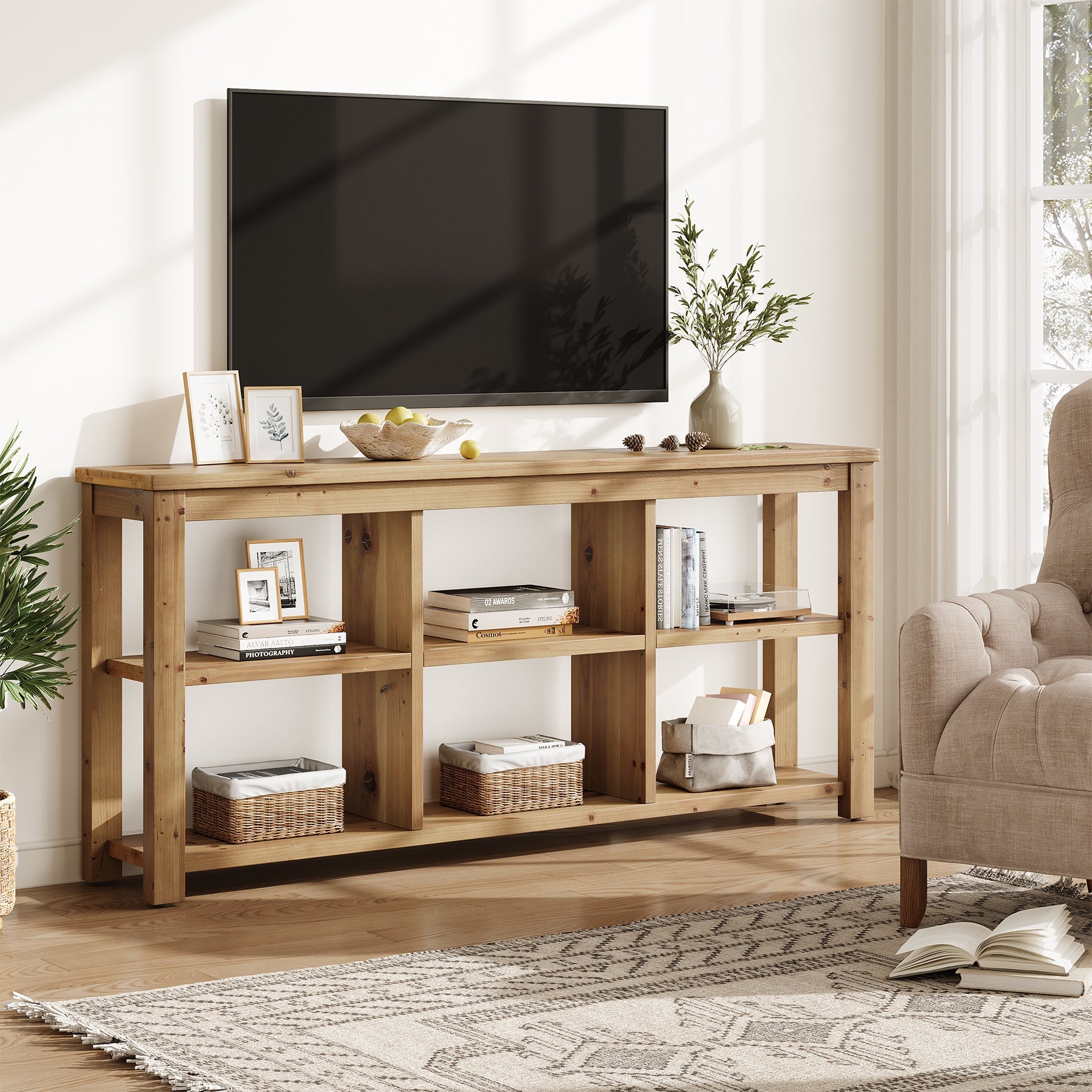 63" Console Table, 3-Tier Solid Wood Sofa Table with 6 Storage Cubes