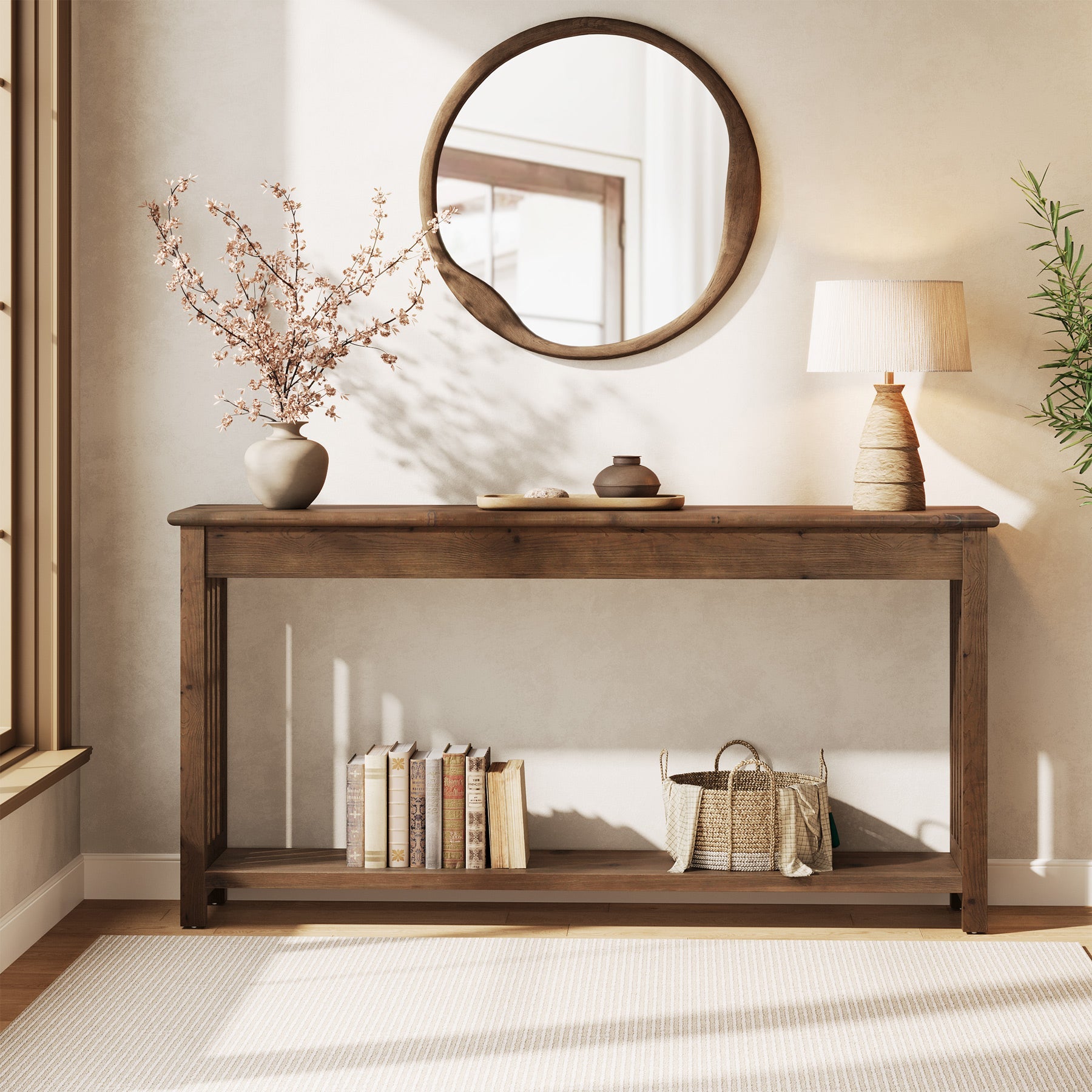 63" Console Table, Farmhouse Wood Entryway Sofa Table with 2-Tier Storage