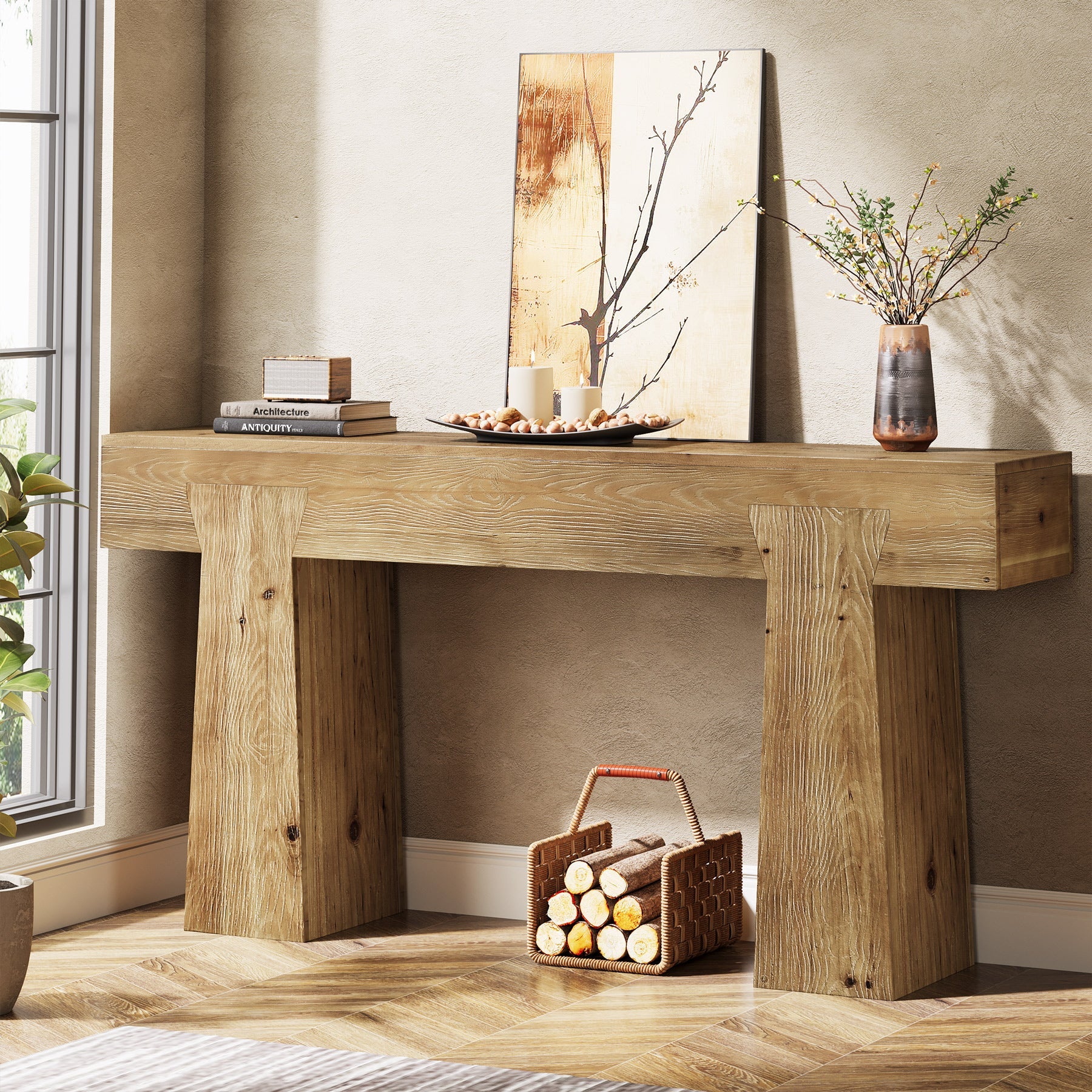 63" Console Table, Solid Wood Entryway Table with Heavy-Duty Frame for Living Room