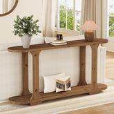 63" Console Table, Solid Wood Oval Curved Sofa Table with 2-Tier Shelf 3