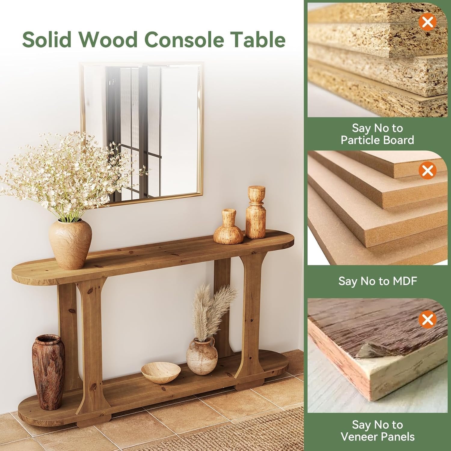 63" Console Table, Solid Wood Oval Curved Sofa Table with 2-Tier Shelf