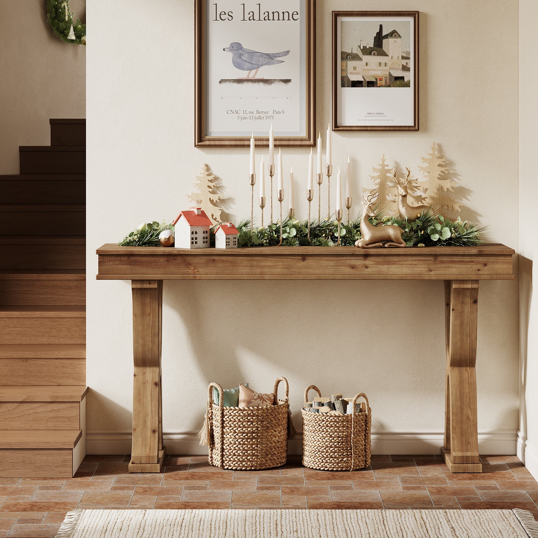63" Console Table, Solid Wood Sofa Console Entryway Table with X-Shaped Legs