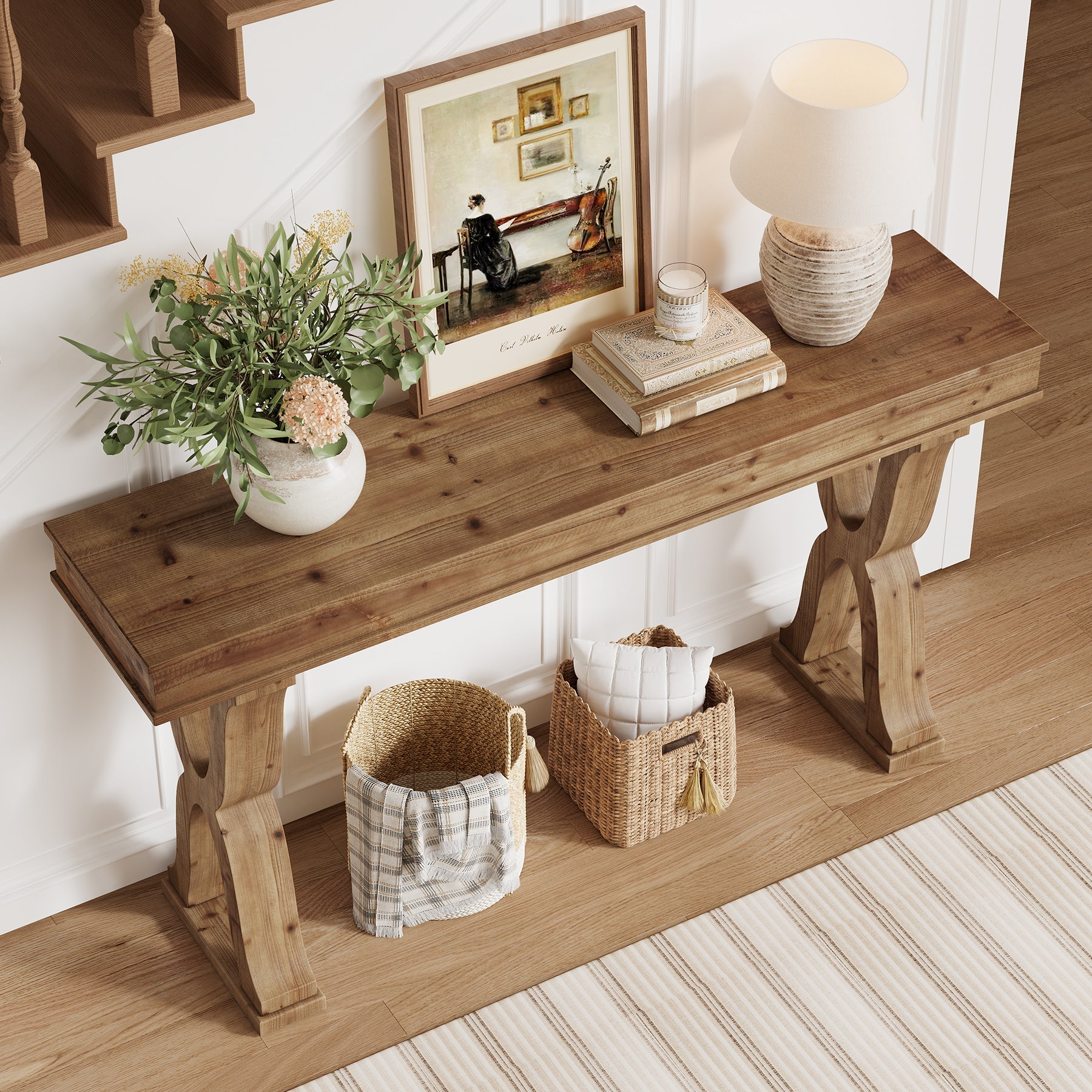 63" Console Table, Solid Wood Sofa Console Entryway Table with X-Shaped Legs