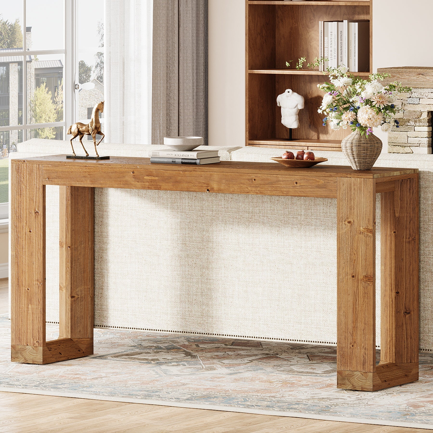 63" Console Table, Solid Wood Sofa Table with Reinforced Base