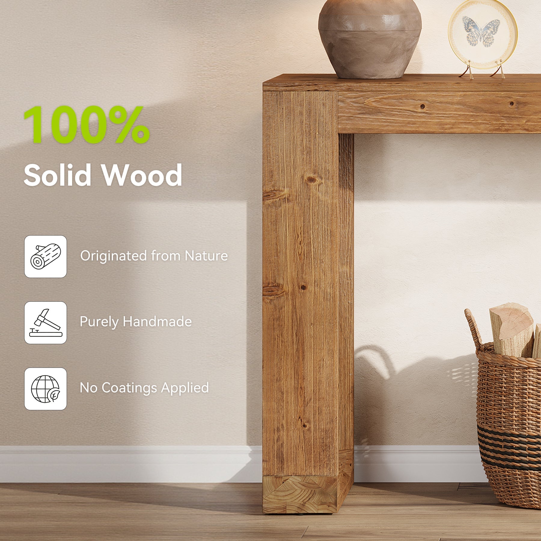 63" Console Table, Solid Wood Sofa Table with Reinforced Base