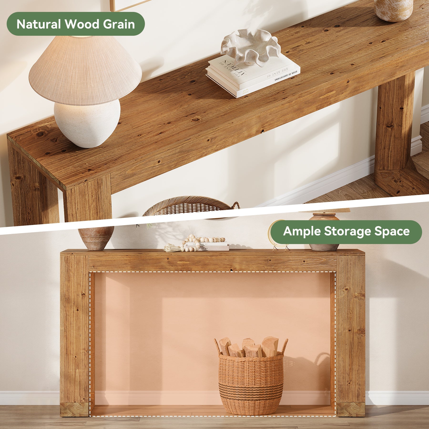 63" Console Table, Solid Wood Sofa Table with Reinforced Base