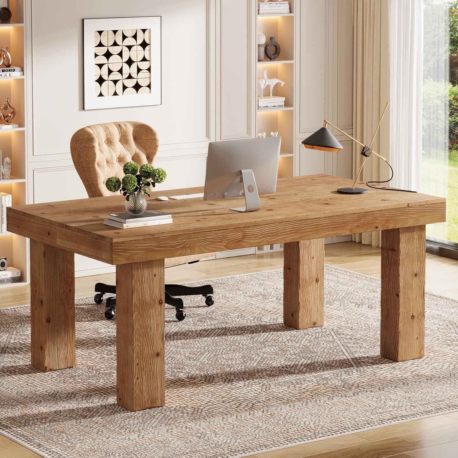 63" Executive Desk, Solid Wood Home Office Computer Desk with Sturdy Wooden Legs