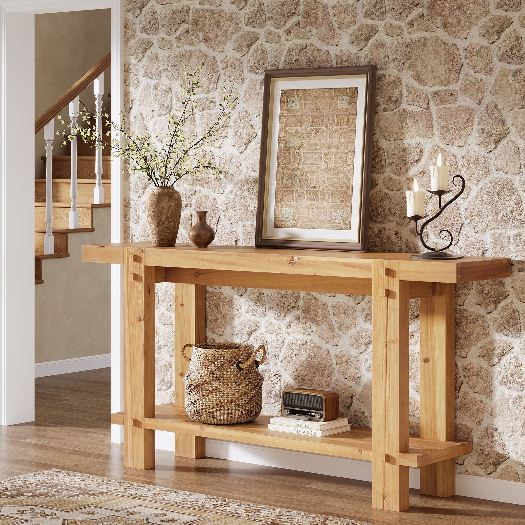 63" Farmhouse Console Table, 2-Tier Solid Wood Entryway Sofa Table