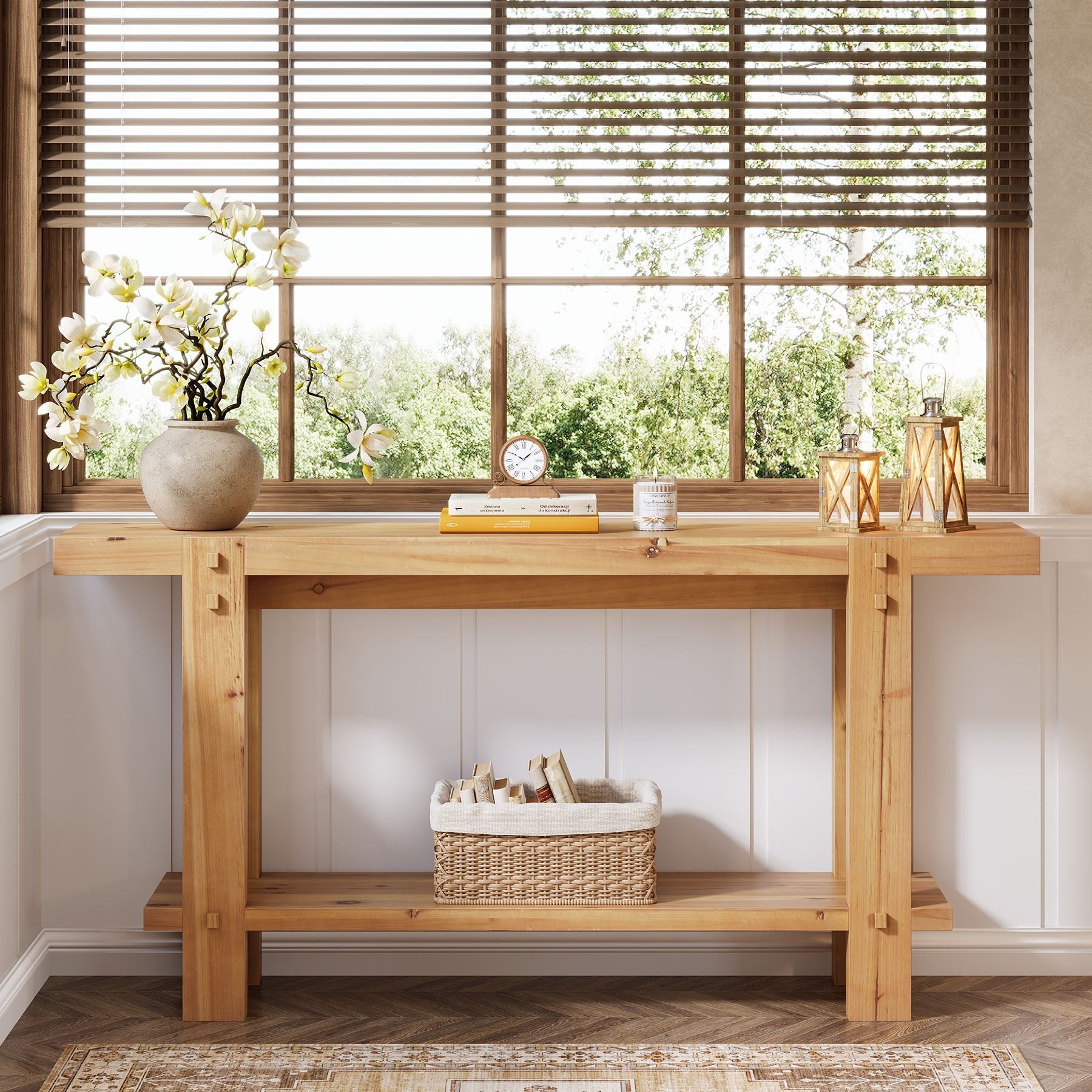 63" Farmhouse Console Table, 2-Tier Solid Wood Entryway Sofa Table