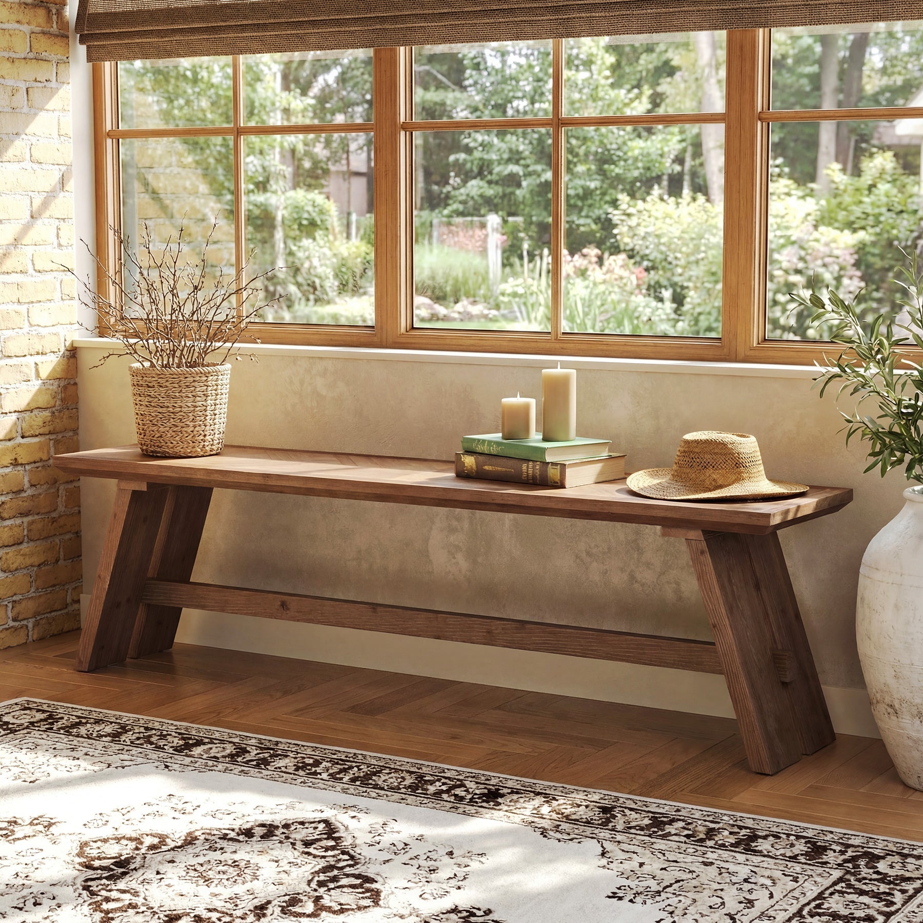 63" Farmhouse Entryway Bench, Solid Wood Shoe Storage Bench with Unique Pattern