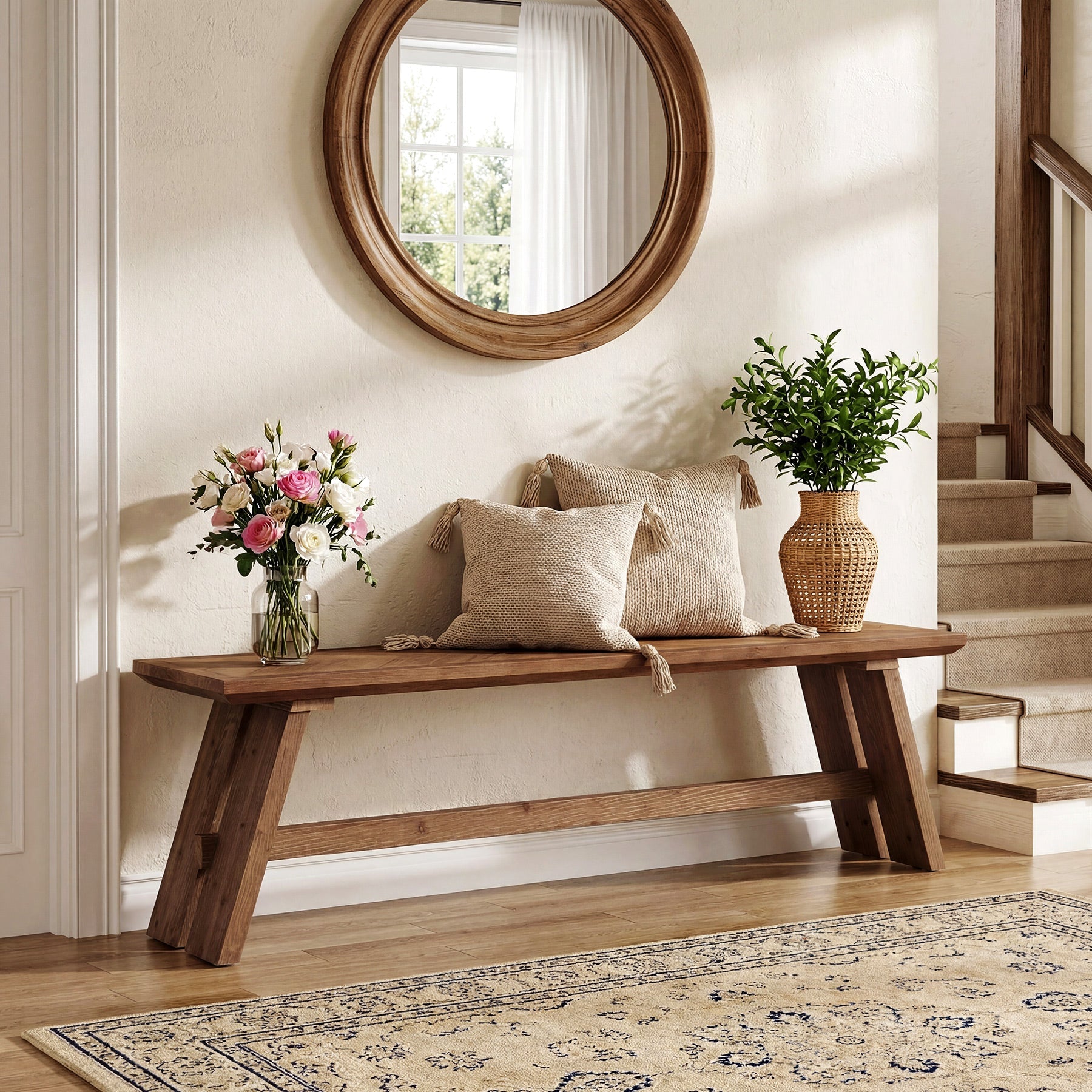 63" Farmhouse Entryway Bench, Solid Wood Shoe Storage Bench with Unique Pattern