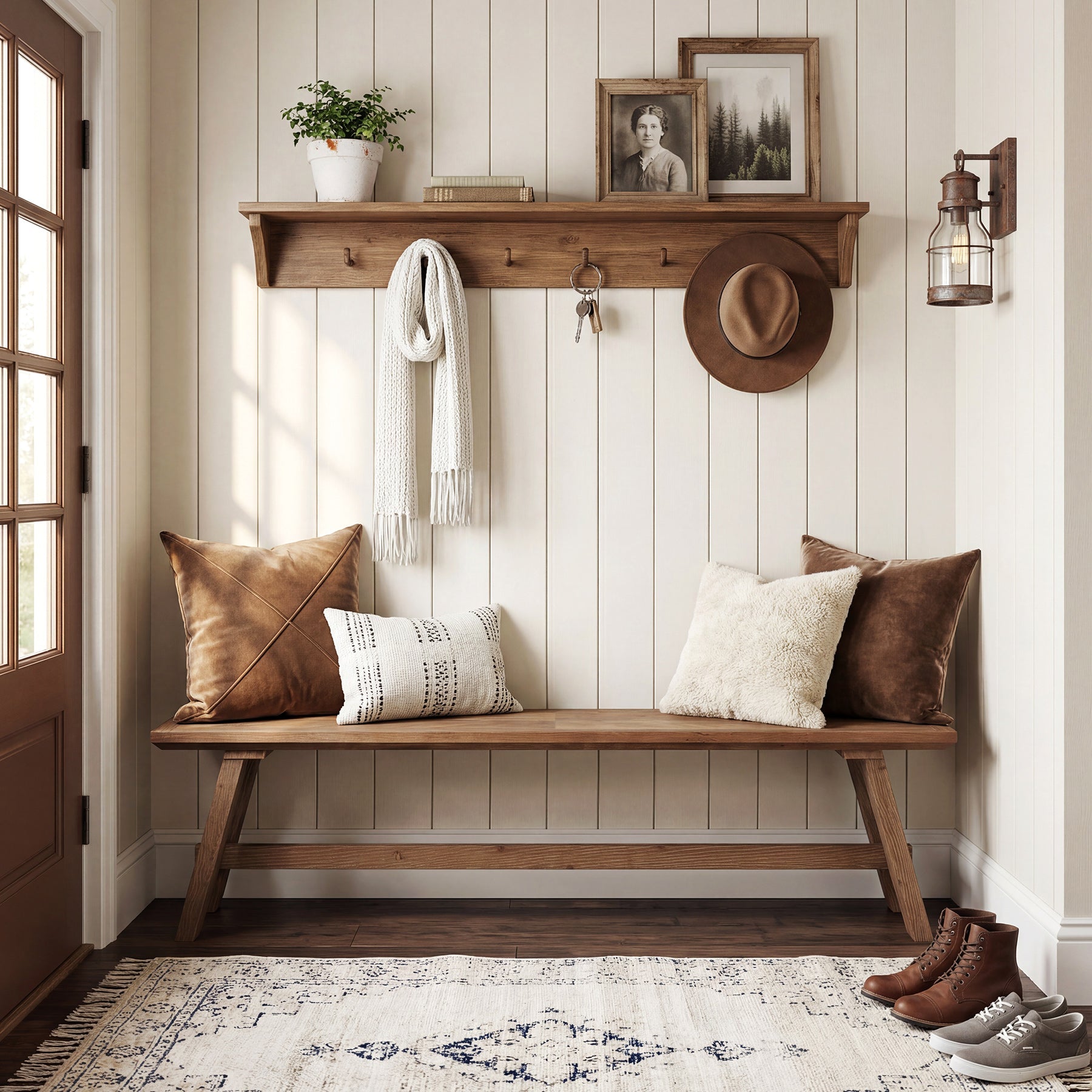 63" Farmhouse Entryway Bench, Solid Wood Shoe Storage Bench with Unique Pattern