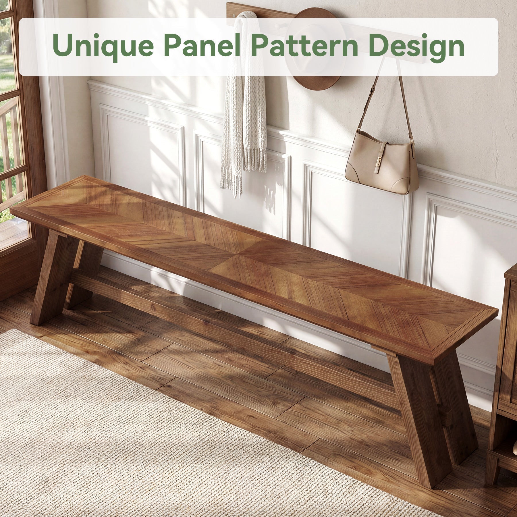 63" Farmhouse Entryway Bench, Solid Wood Shoe Storage Bench with Unique Pattern
