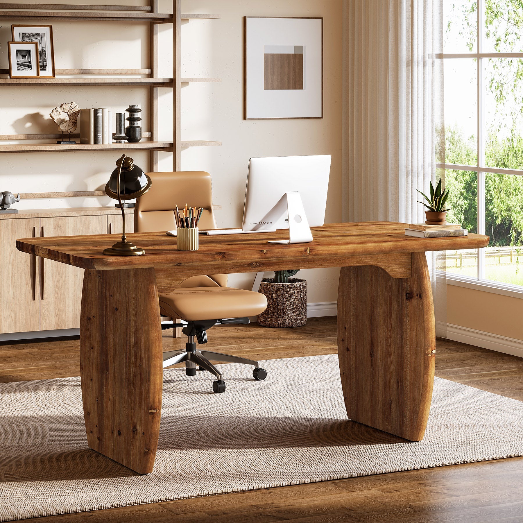 63" Farmhouse Executive Desk, Solid Wood Computer Desk for Home Office