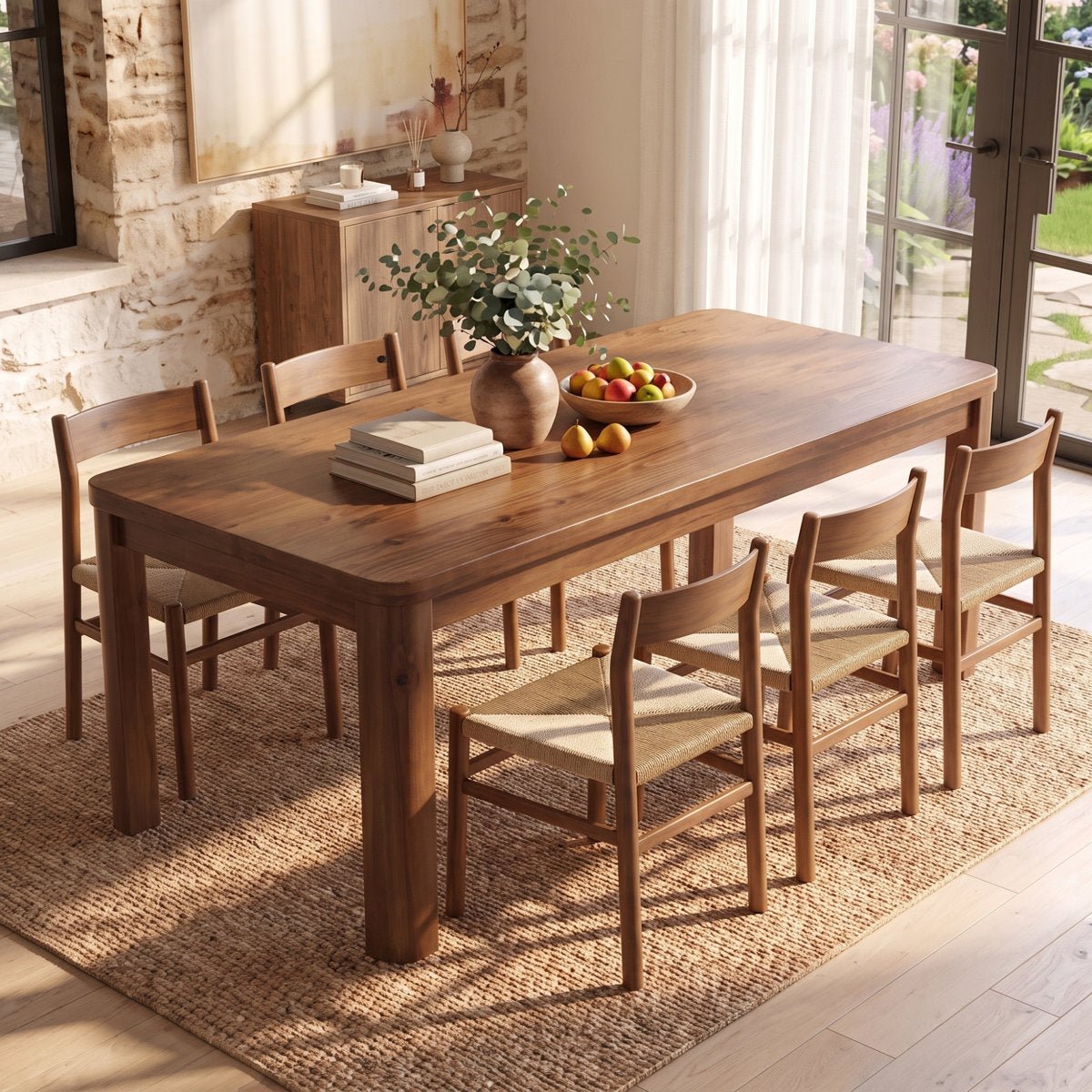 63" Solid Wood Dining Table, Rectangular Rounded Edge Farmhouse Kitchen Table