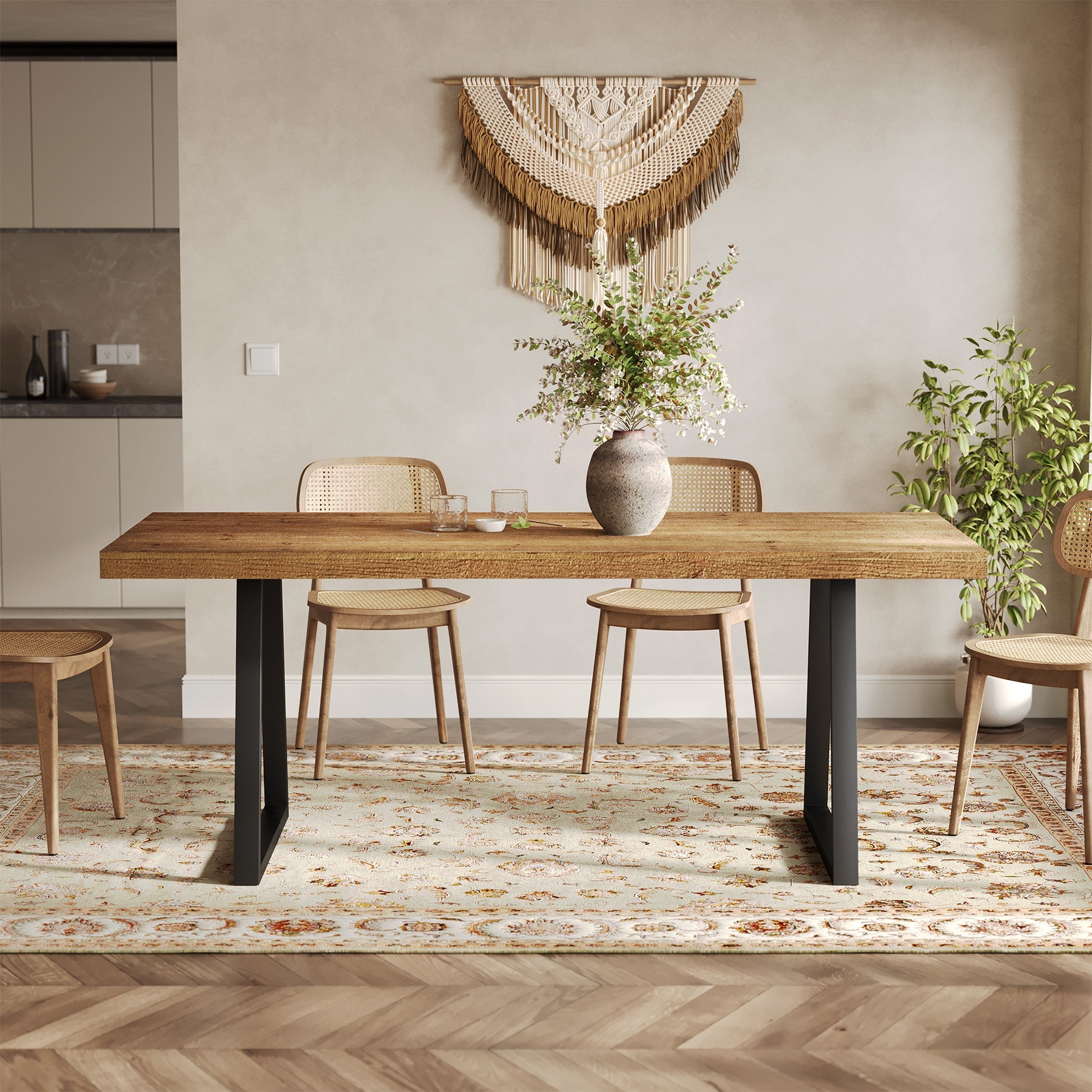 63" Industrial Dining Table, Solid Wood Rectangular Kitchen Table for 4-6 People