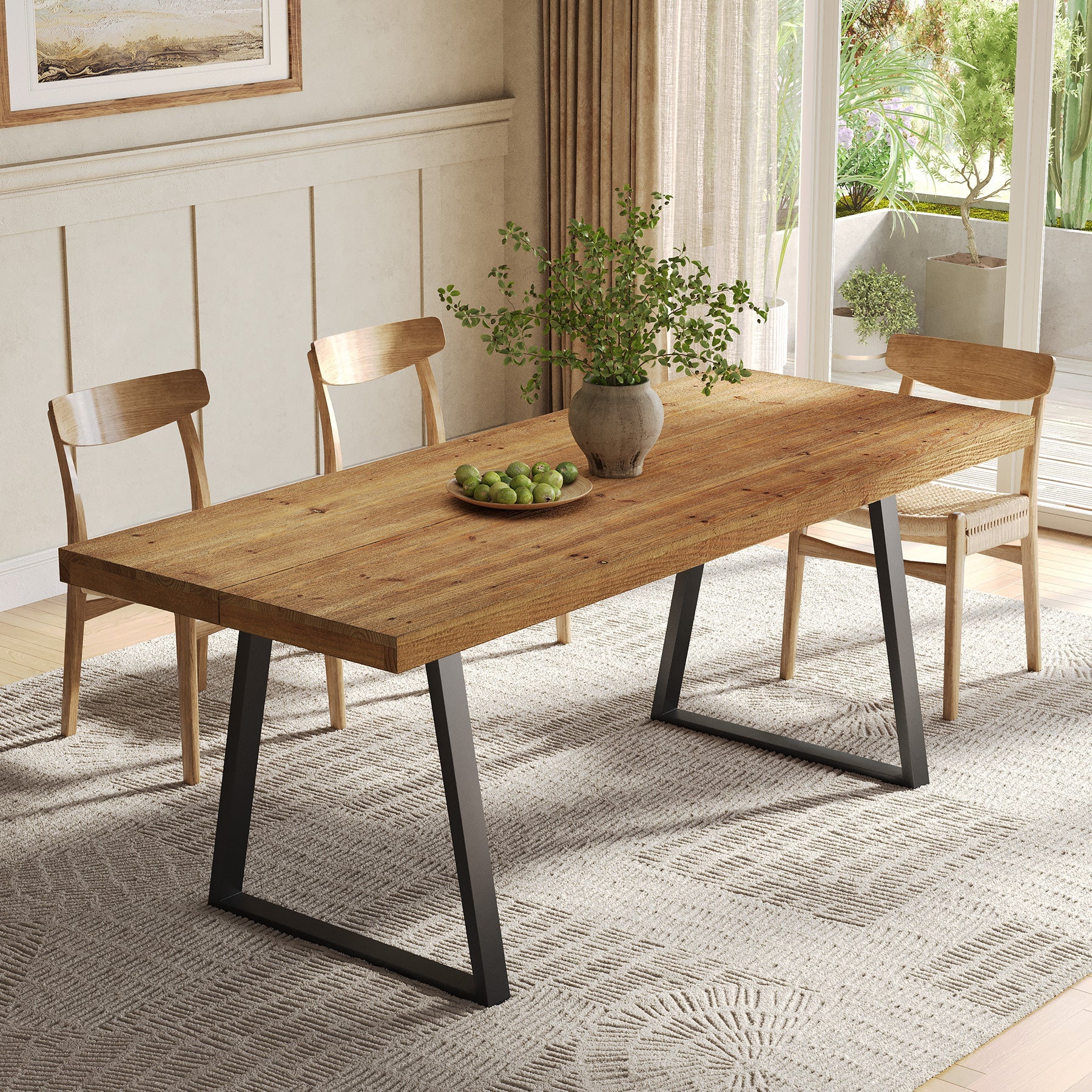 63" Industrial Dining Table, Solid Wood Rectangular Kitchen Table for 4-6 People