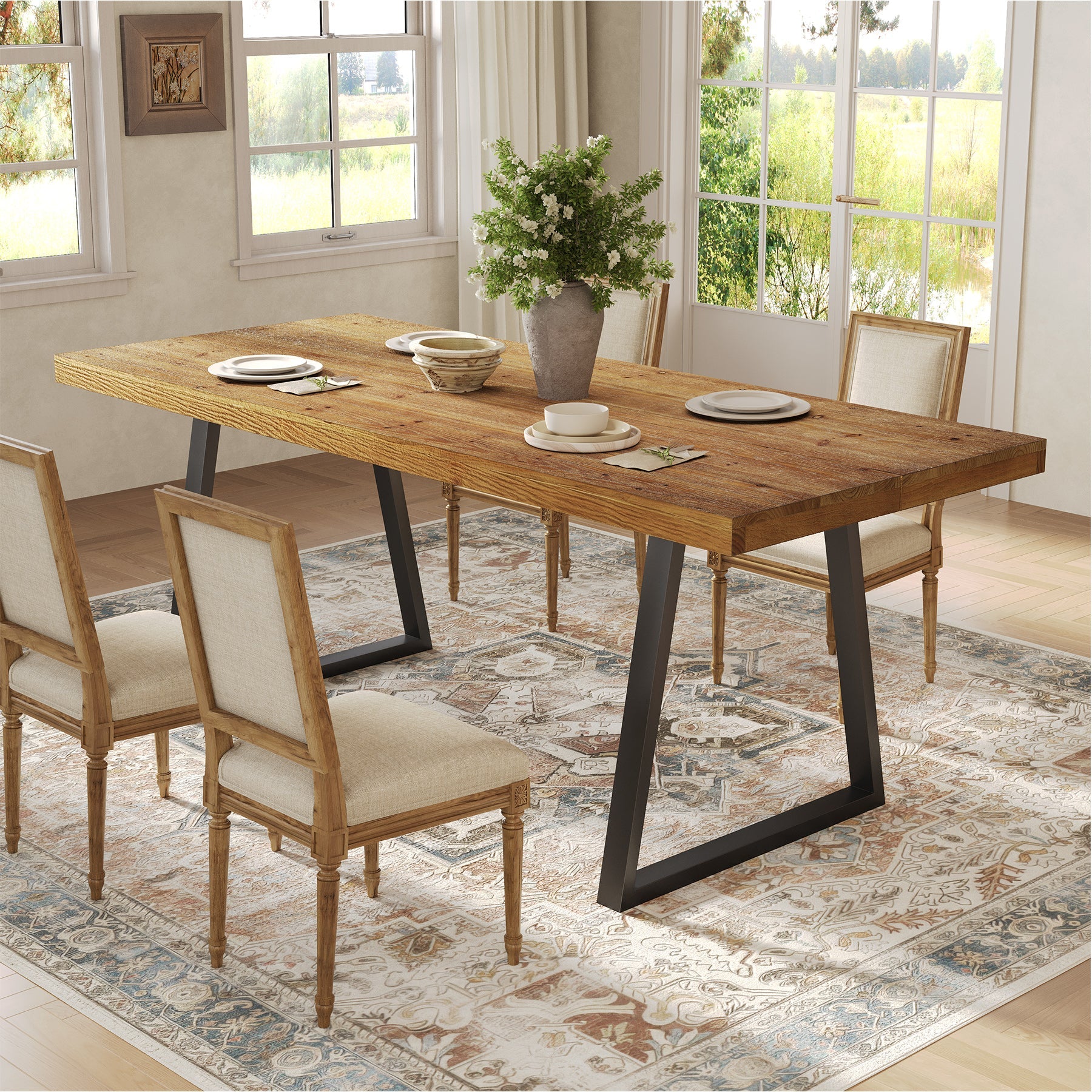 63" Industrial Dining Table, Solid Wood Rectangular Kitchen Table for 4-6 People