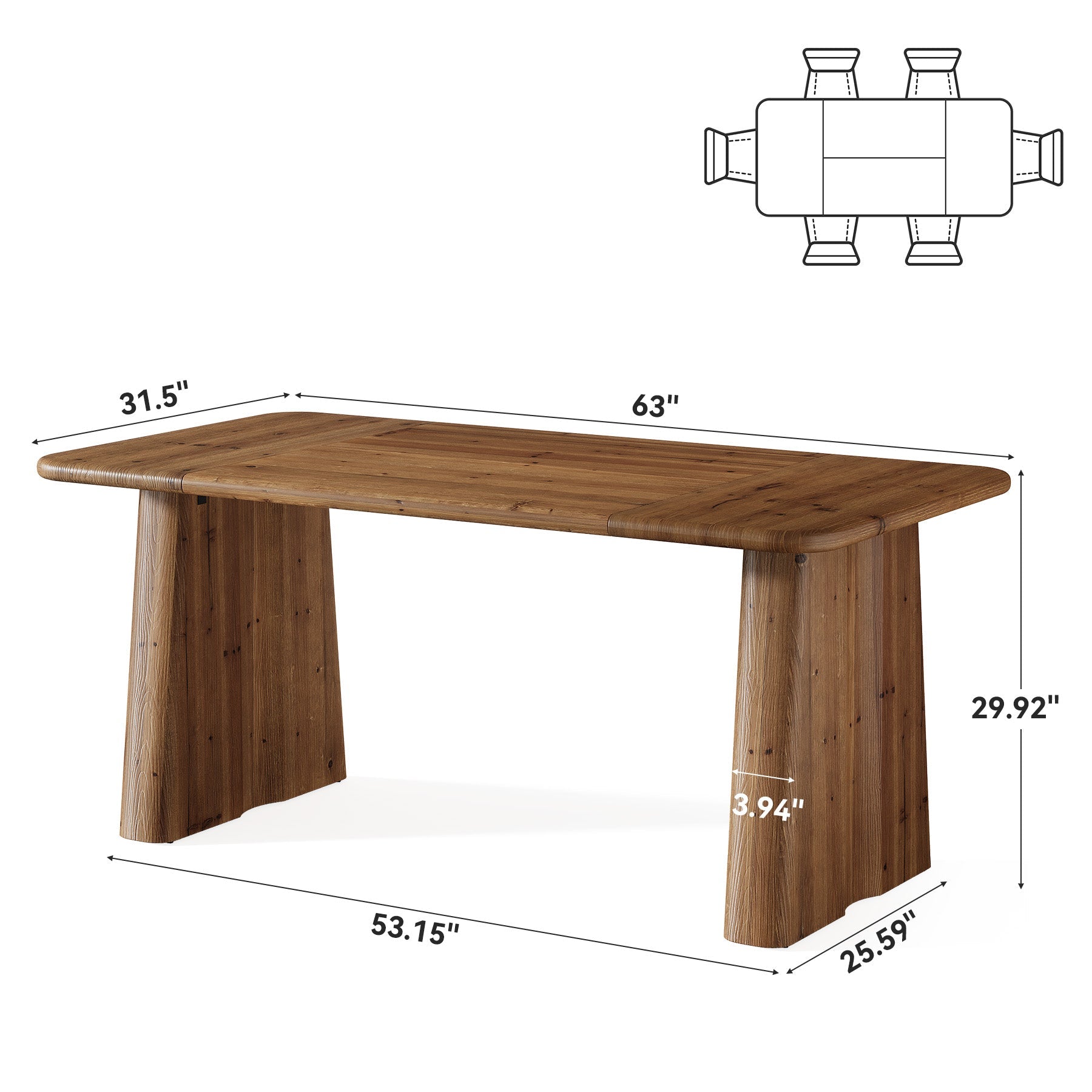 63" Rectangular Dining Table, Solid Wood Kitchen Dinner Table With Double Pedestal Legs