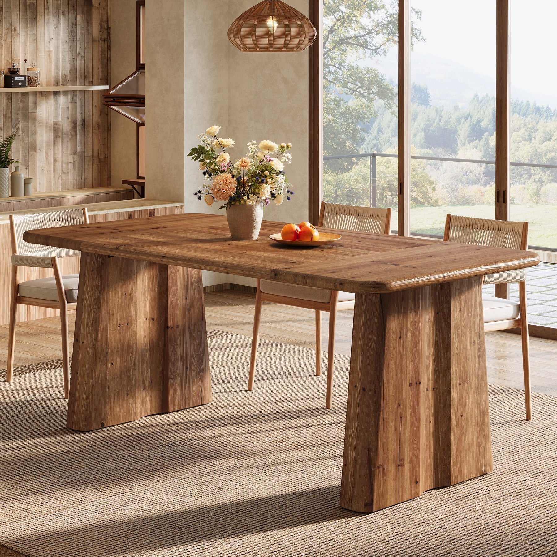 63" Rectangular Dining Table, Solid Wood Kitchen Dinner Table With Double Pedestal Legs