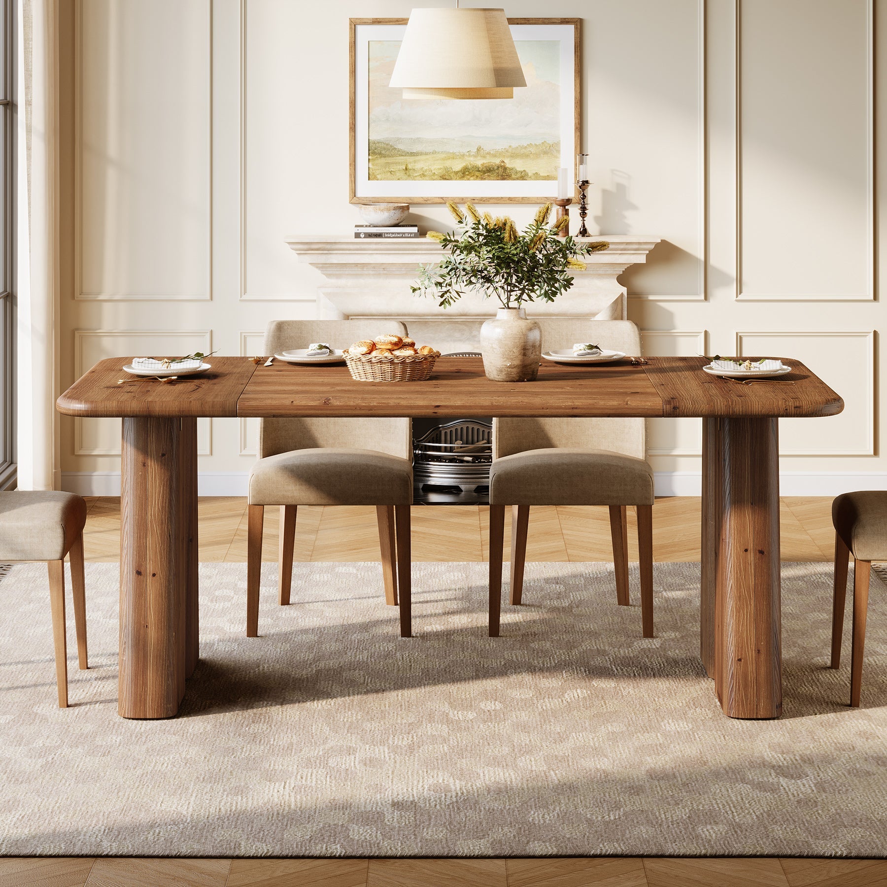 63" Rectangular Dining Table, Solid Wood Kitchen Dinner Table With Double Pedestal Legs