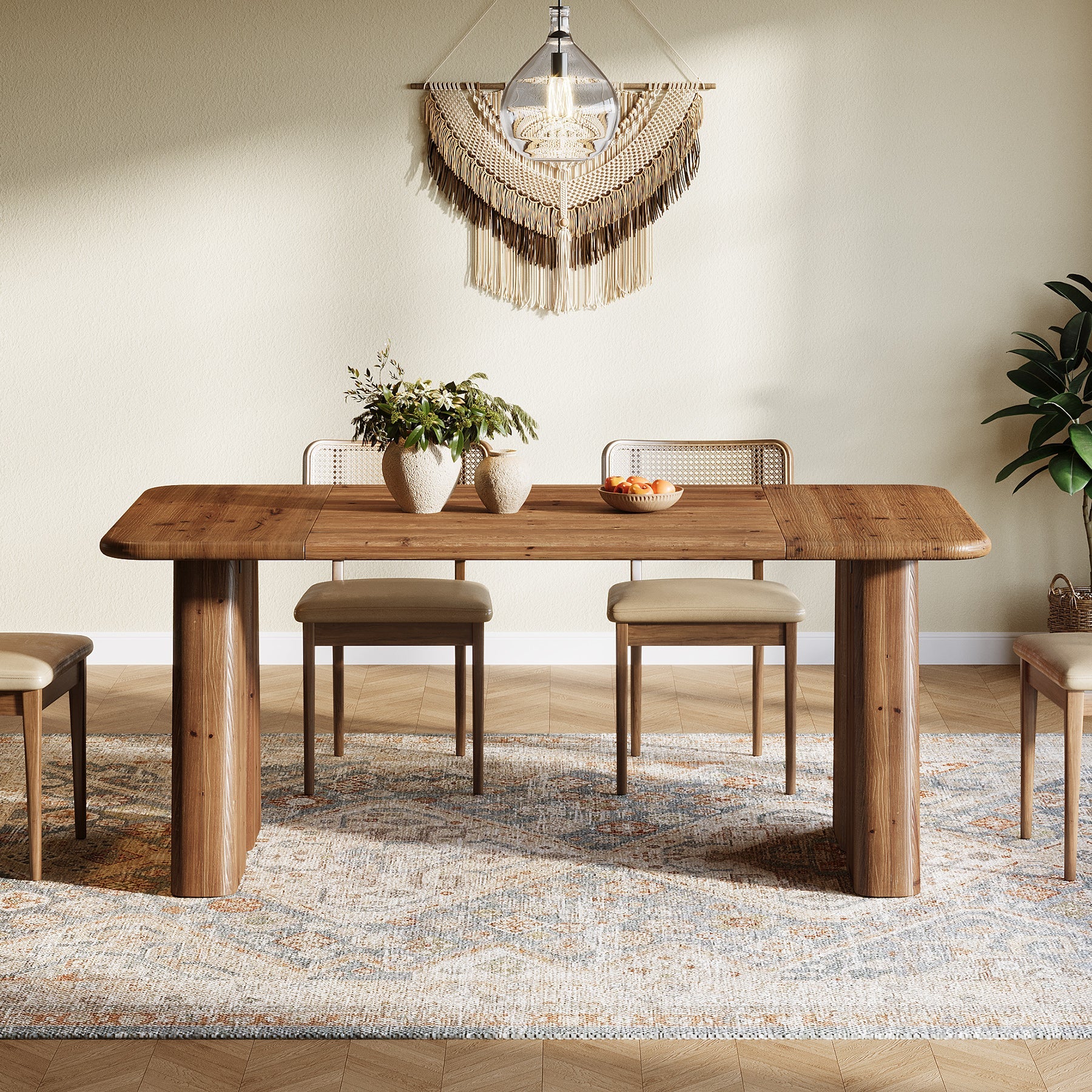 63" Rectangular Dining Table, Solid Wood Kitchen Dinner Table With Double Pedestal Legs