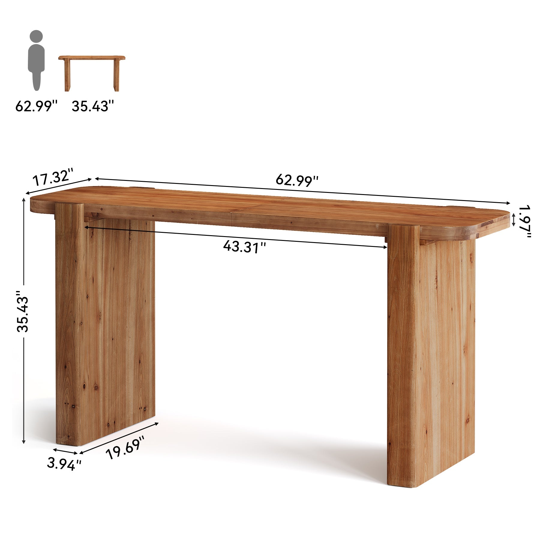 63" Solid Wood Bar Table, Rectangular Counter Height Pub Table Home Bar Table