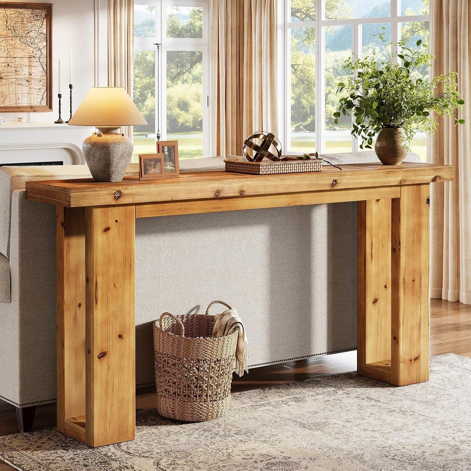63" Solid Wood Console Table, Farmhouse Rectangular Sofa Table Behind The Couch