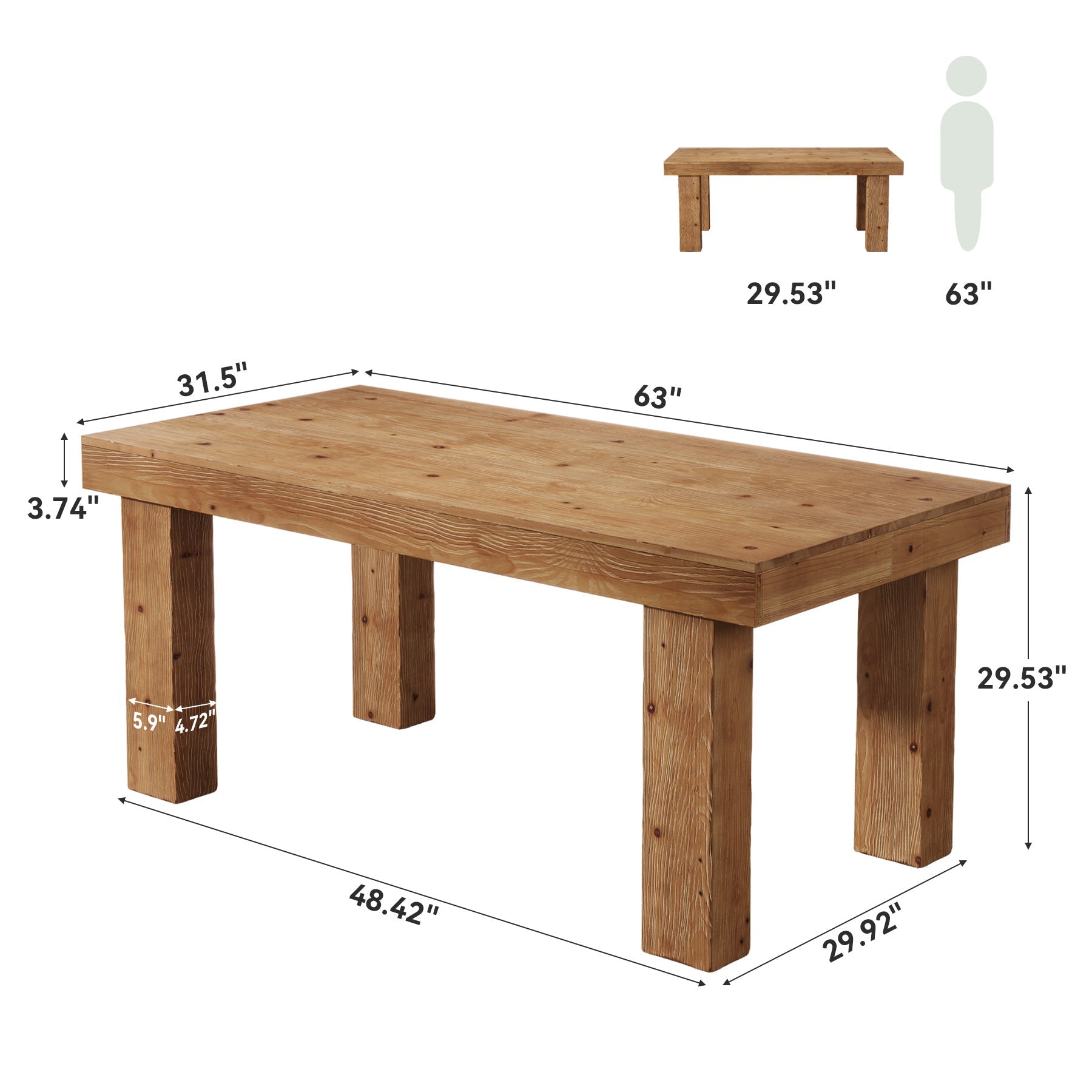 63" Solid Wood Dining Table, Farmhouse Kitchen Table with Heavy Duty Legs for 4-6