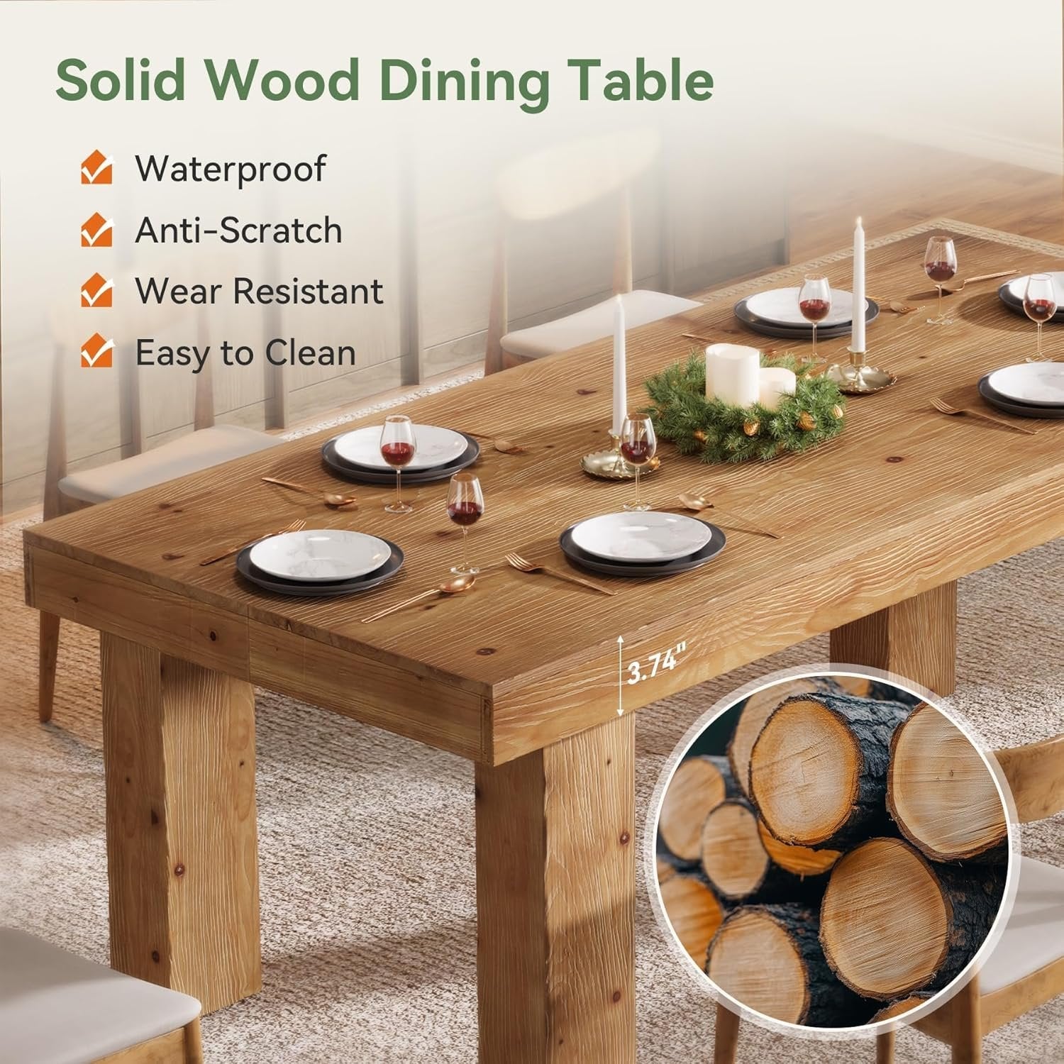 63" Solid Wood Dining Table, Farmhouse Kitchen Table with Heavy Duty Legs for 4-6
