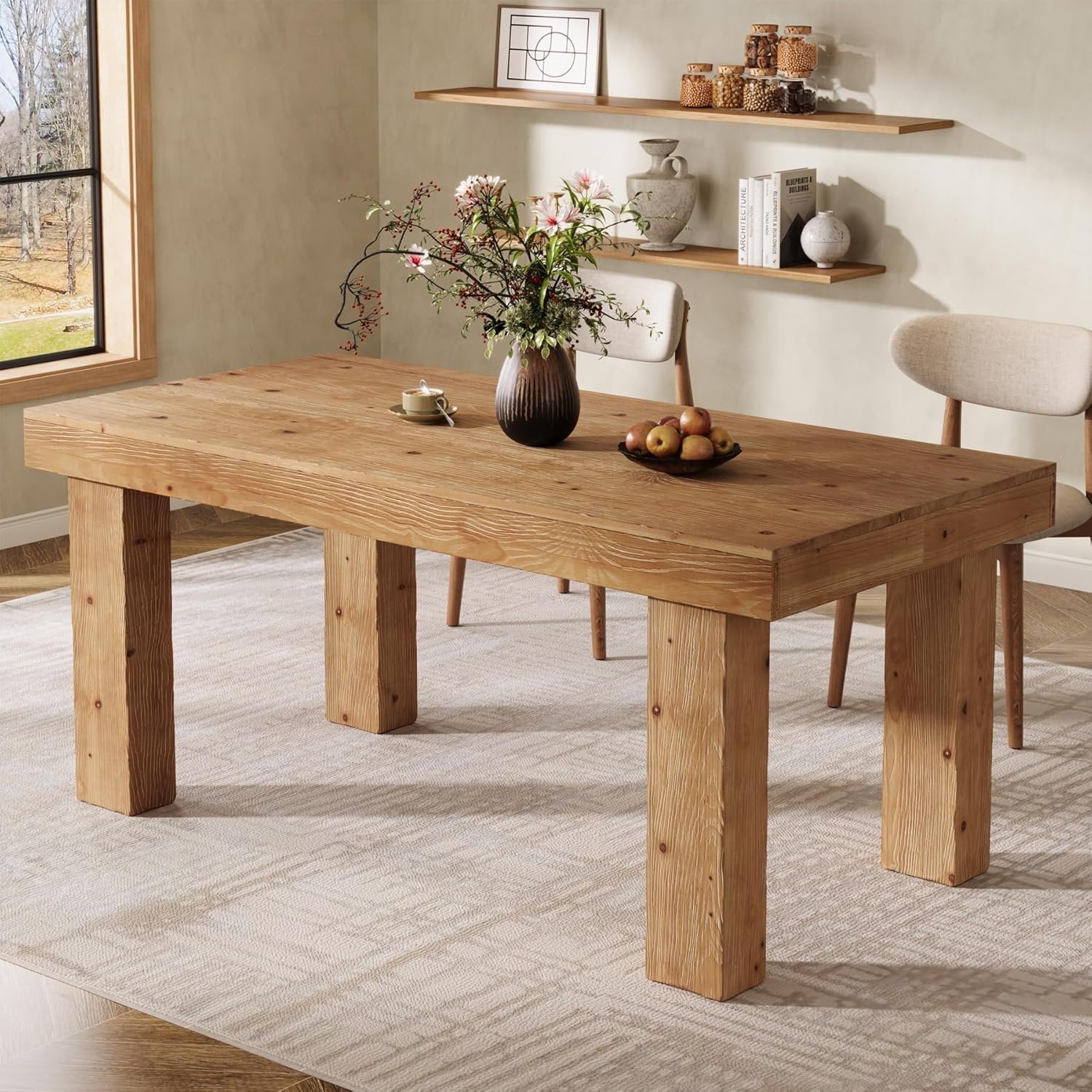 63" Solid Wood Dining Table, Farmhouse Kitchen Table with Heavy Duty Legs for 4-6