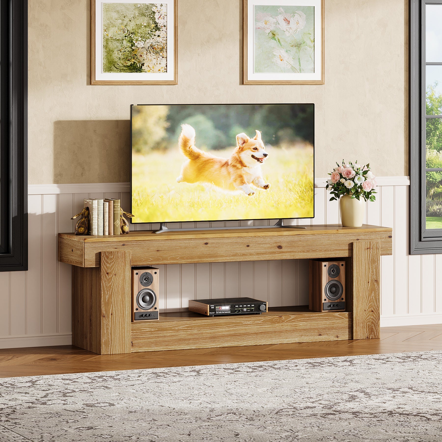 63" TV Stand, Solid Wood Entertainment Center for TVs up to 75 Inches