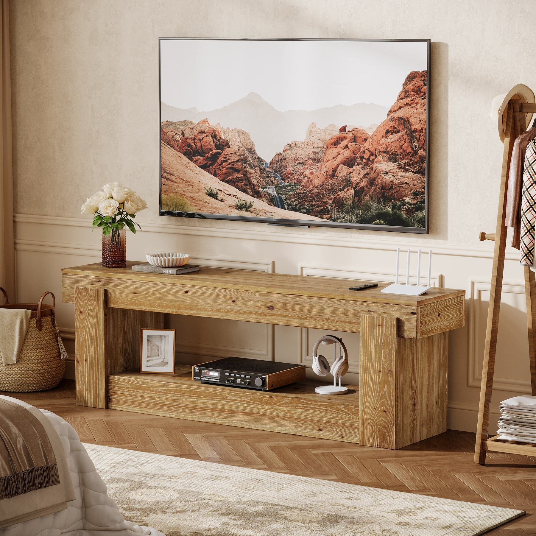 63" TV Stand, Solid Wood Entertainment Center for TVs up to 75 Inches
