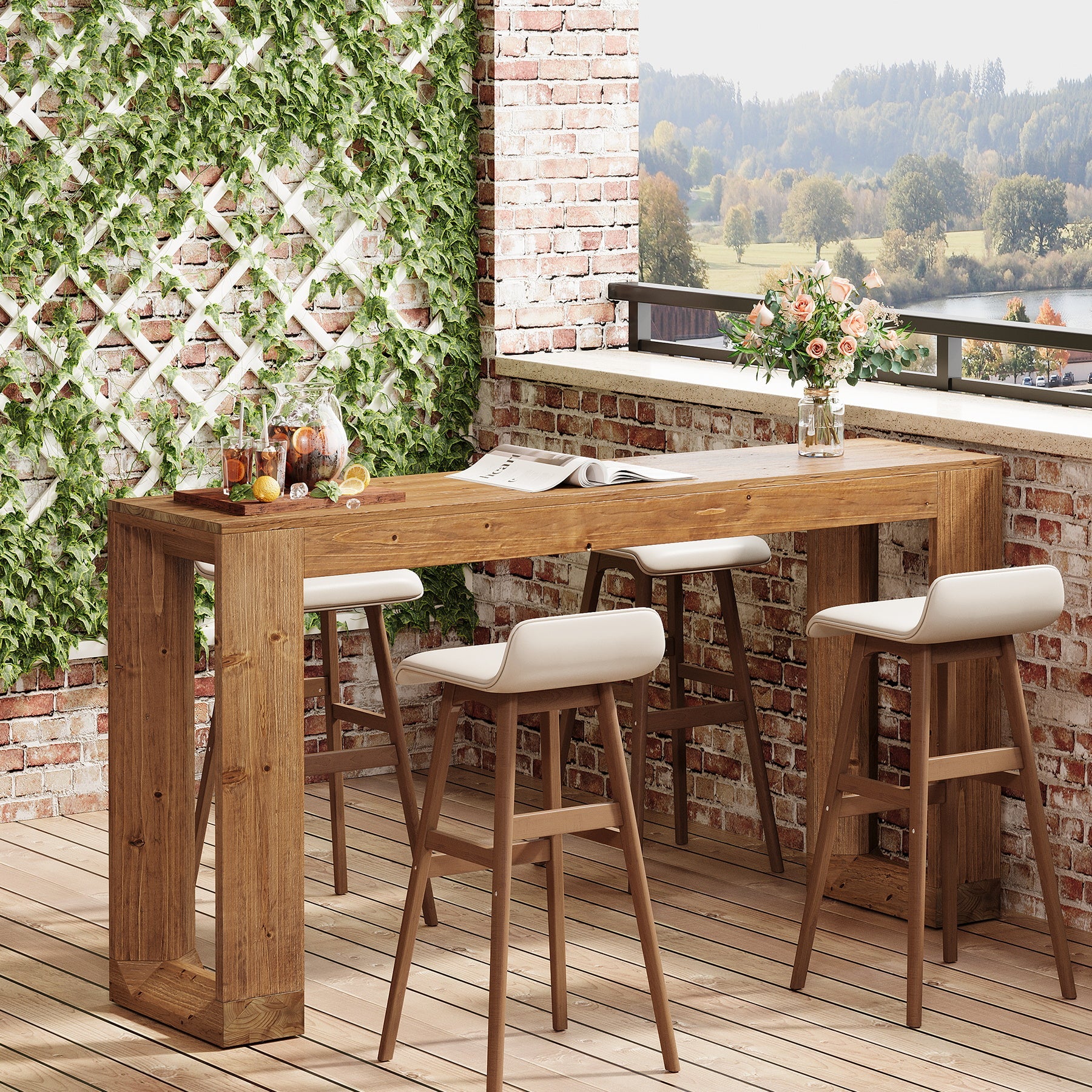 63" Wood Bar Table, Farmhouse Counter Height Pub Table Coffee Bar Units