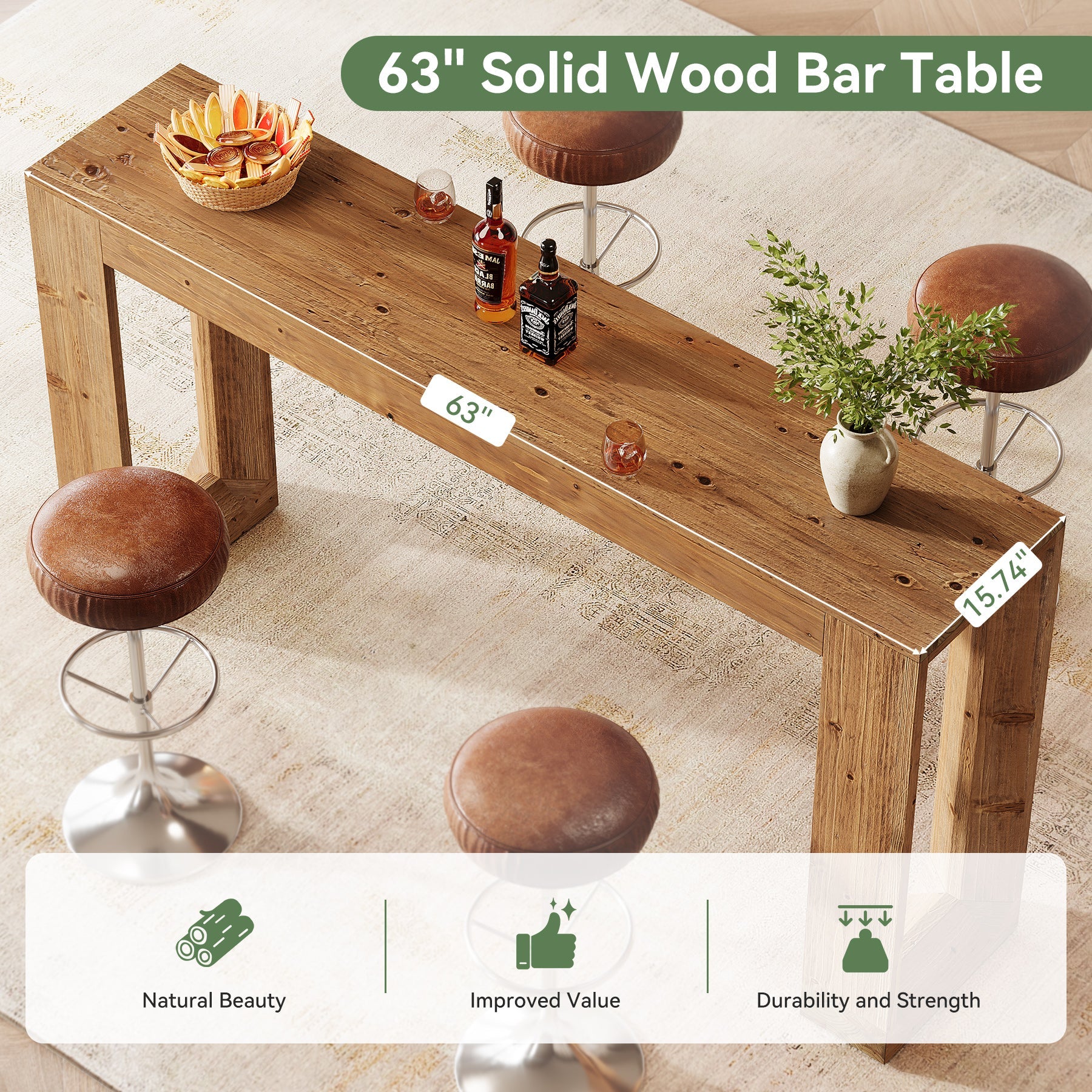 63" Wood Bar Table, Farmhouse Counter Height Pub Table Coffee Bar Units
