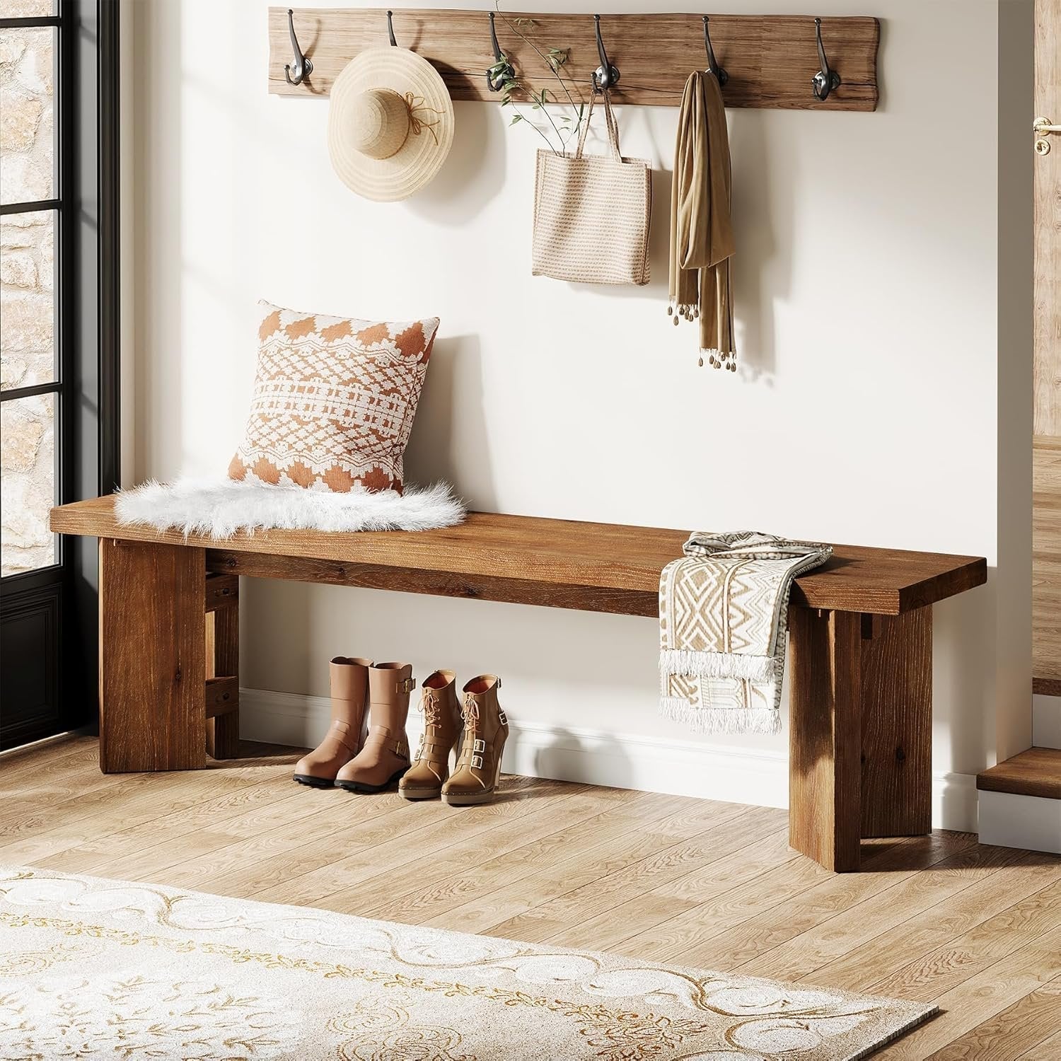 63" Wood Bench, Farmhouse Entryway Bench End of Bed Bench with Thickened Legs