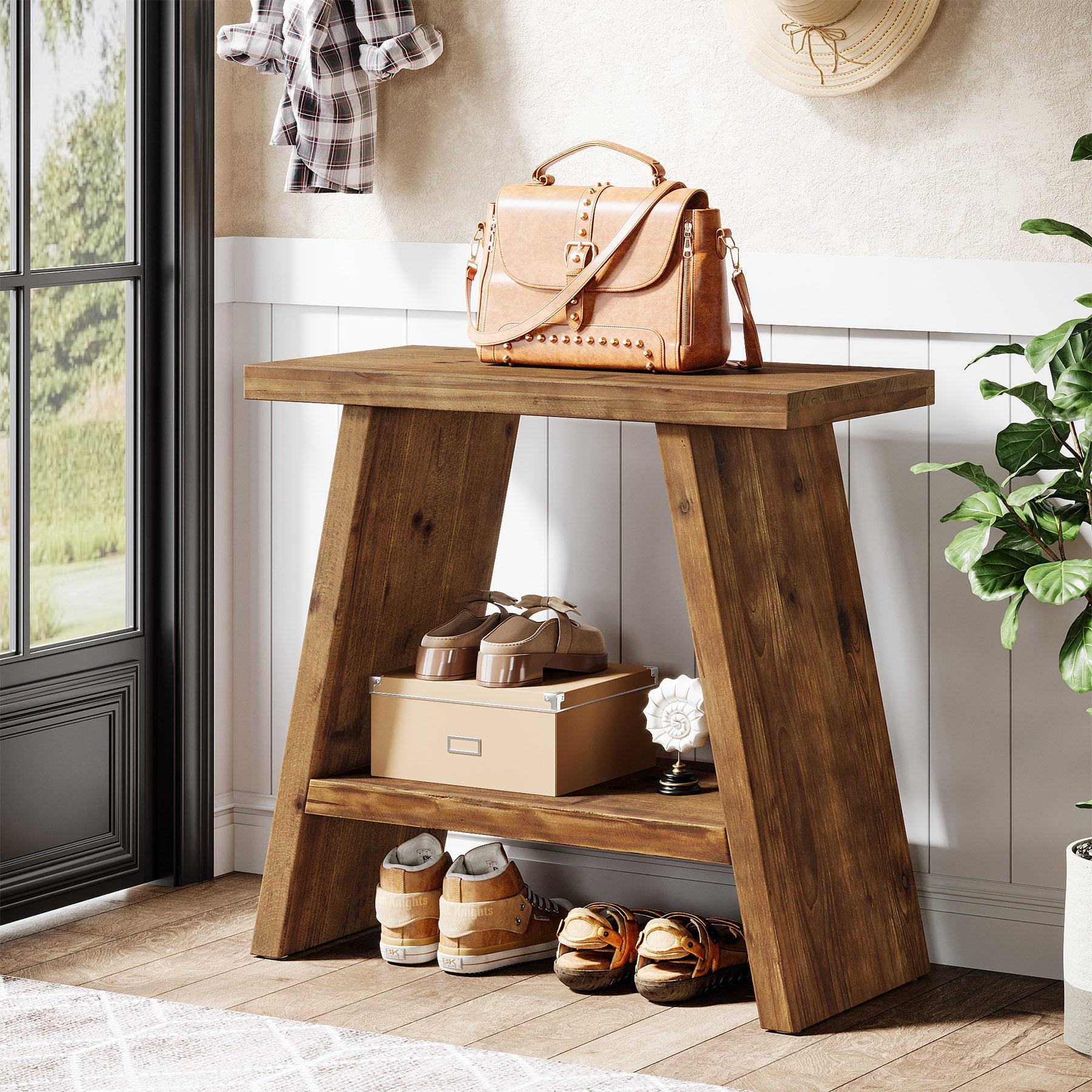 23.6" End Table, Solid Wood Small Side Table with 2-Tier Storage