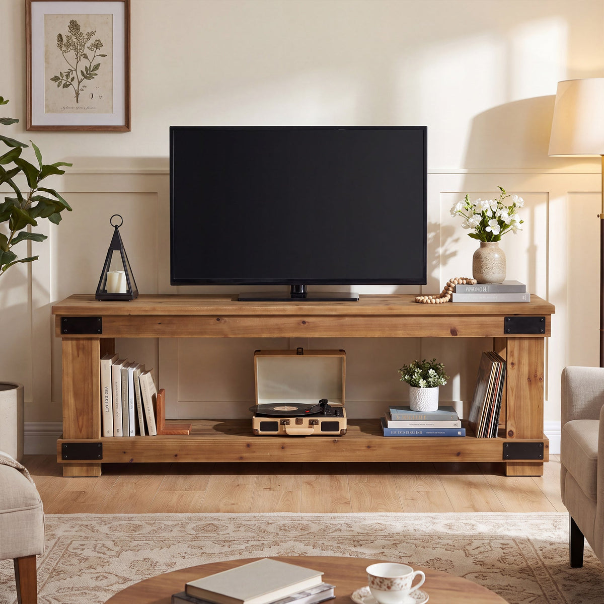 63" Industrial TV Stand, 2-Tier Open Shelf, Solid Wood for 75" TV