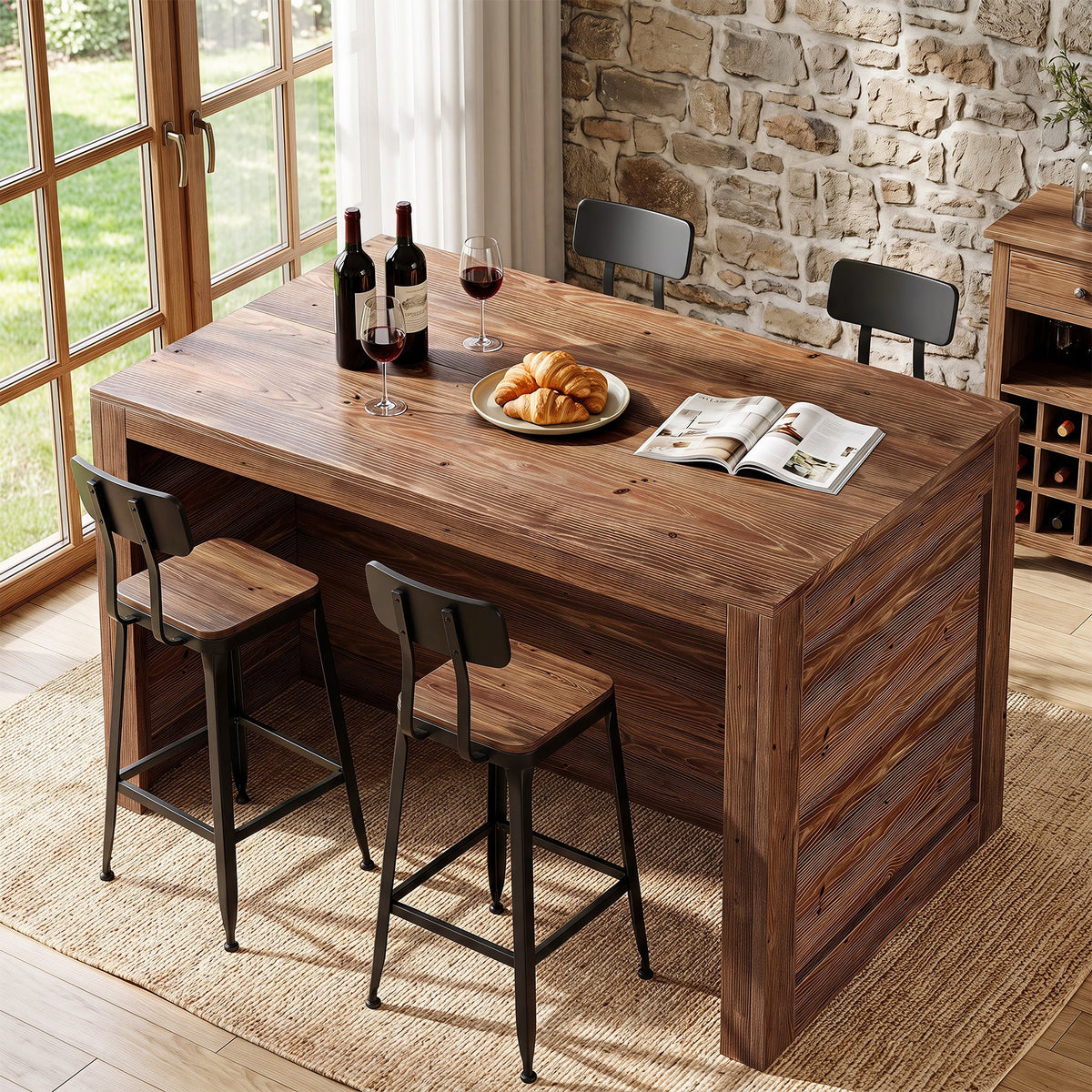 55" Solid Wood Home Bar Table, Farmhouse Counter Height Pub Table with 2-Tier Storage