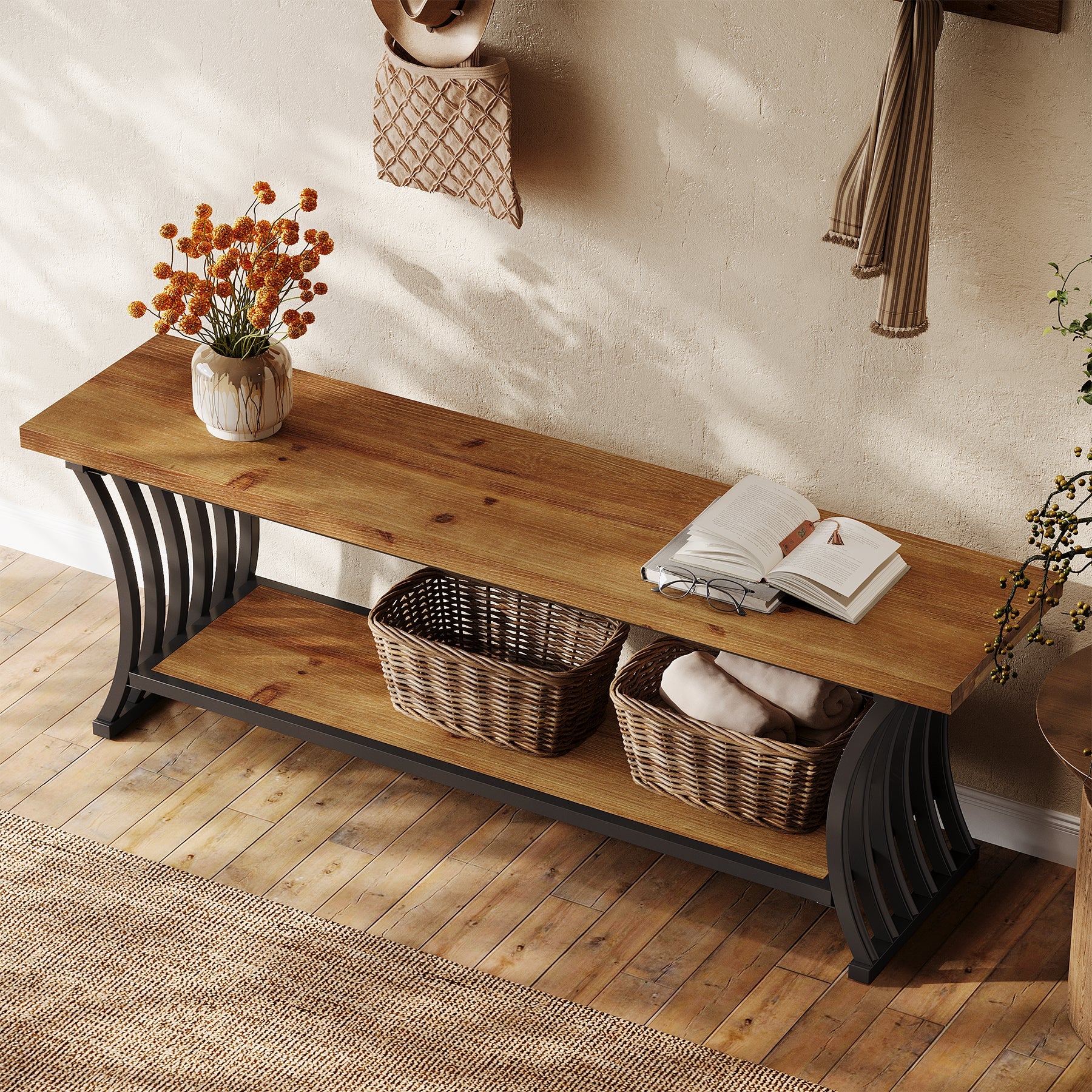 55" Entryway Bench, Wood End of Bed Shoe Bench with Shelf