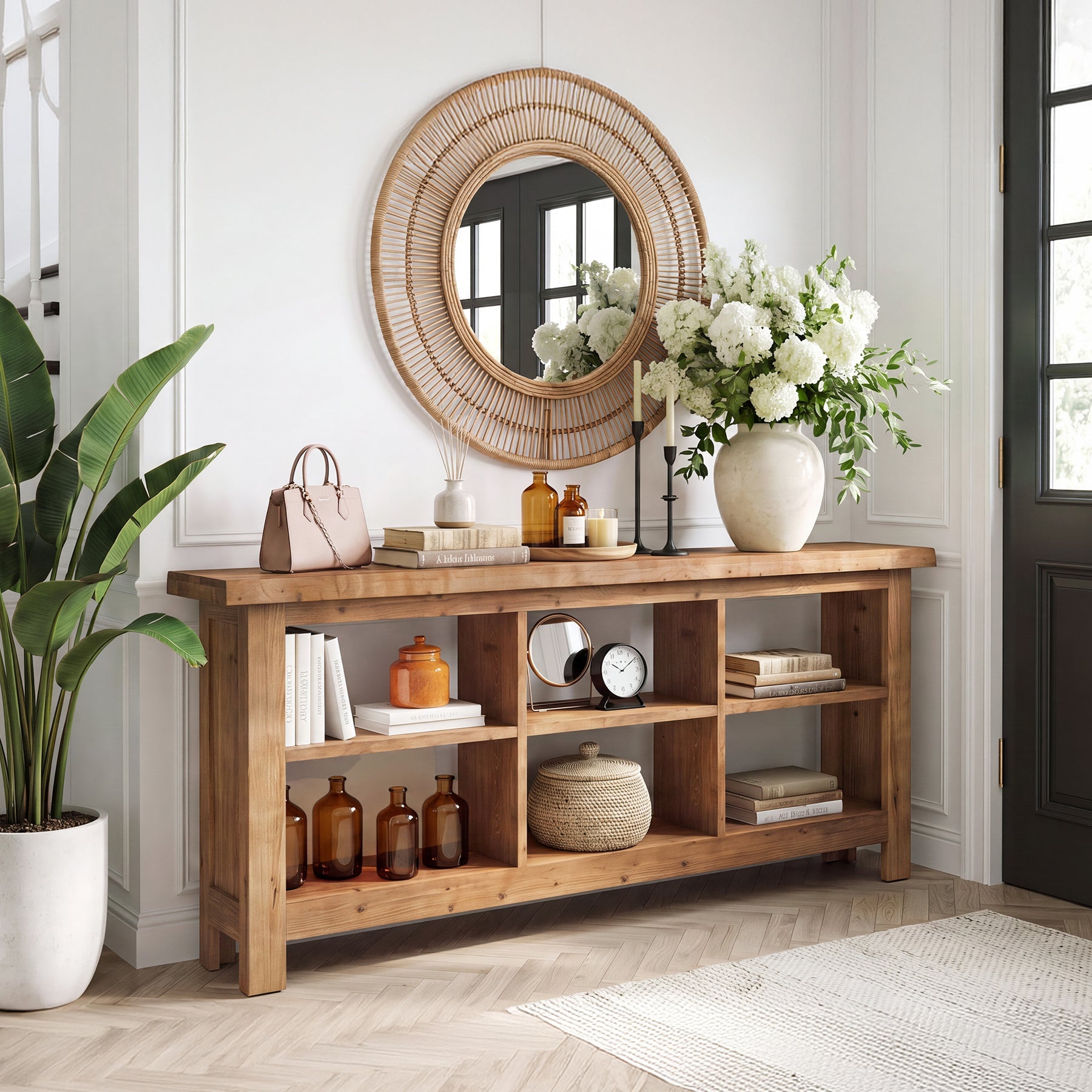 70.8" Long Console Table, 3-Tier Solid Wood Entryway Table with 6 Cubes Shelf