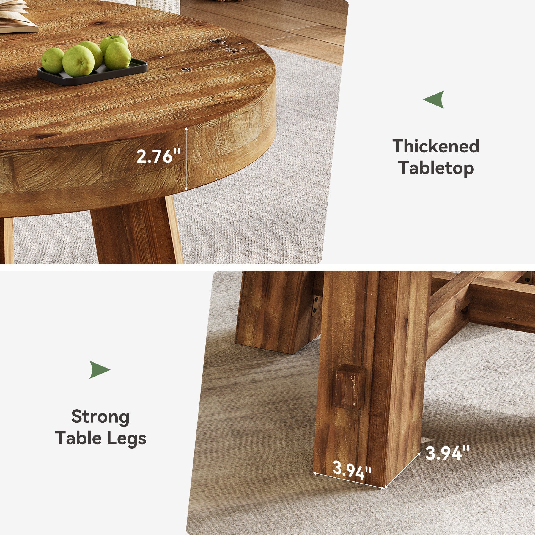 Solid Wood Coffee Table, 31.5" Round Center Table with Thickened Tabletop