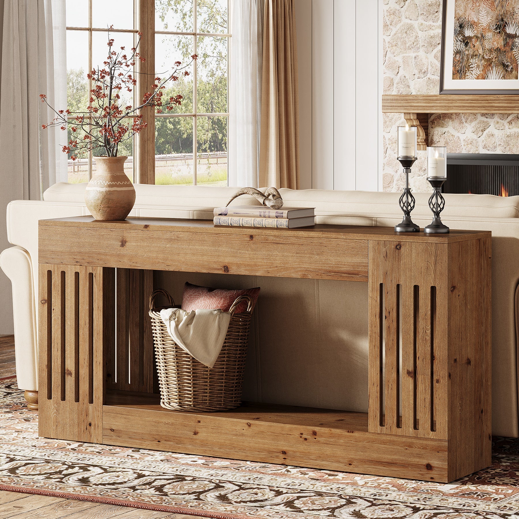 Solid Wood Console Table, 63" Sofa Table Behind Couch with Storage Shelf