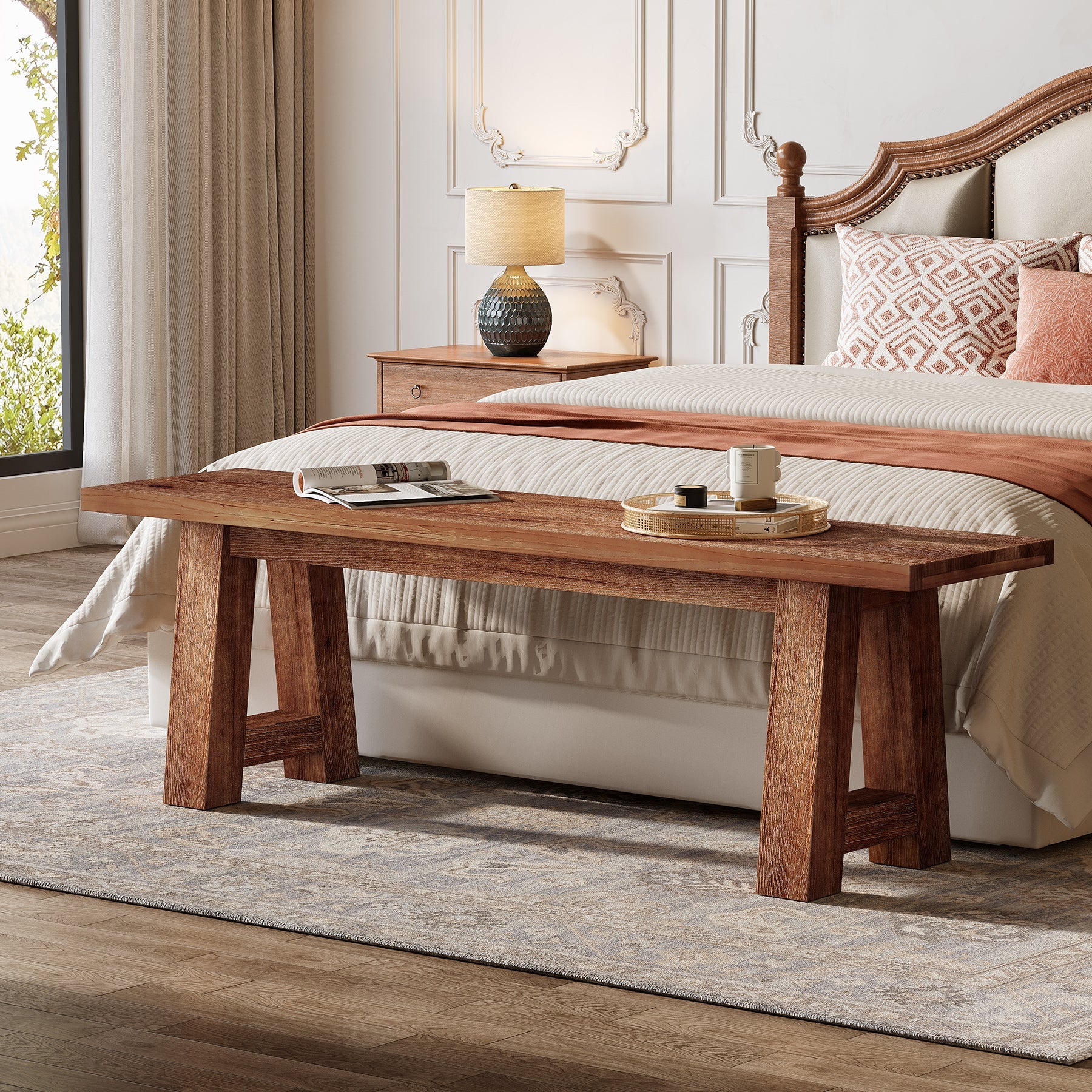 55" Solid Wood Bench, Farmhouse Shoe Entryway Bench for Living Room