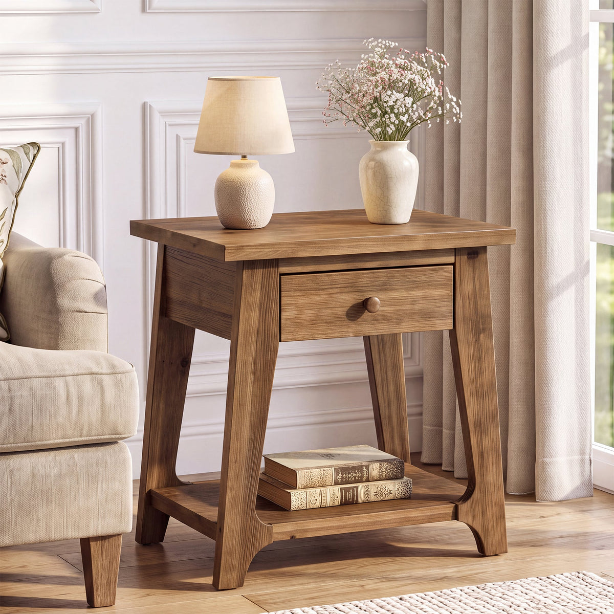 Solid Wood End Table, Narrow Side Table with Drawer & Open Shelf for Small Spaces