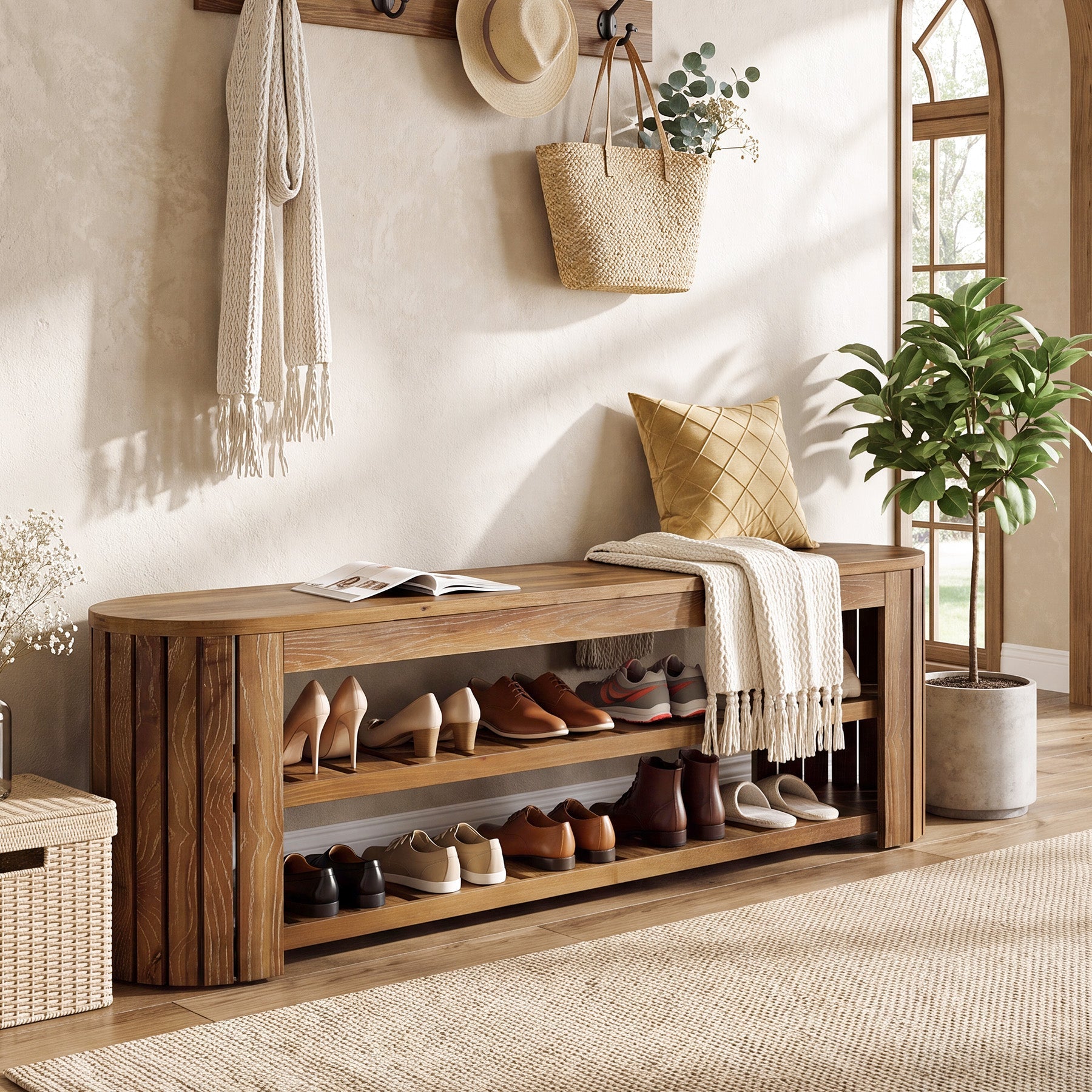 63" Solid Wood Entryway Bench, 3-Tier Window Seating with Shoe Storage