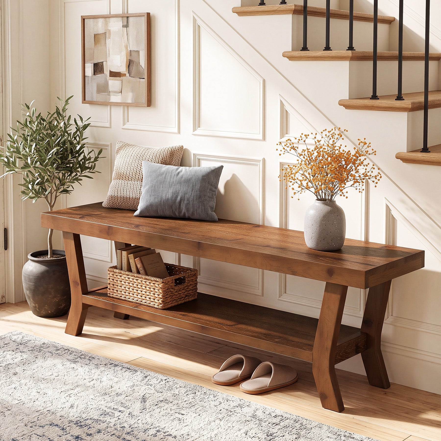 55-Inch Solid Wood Entryway Bench with Lower Shoe Shelf, Farmhouse Seat for Hallway