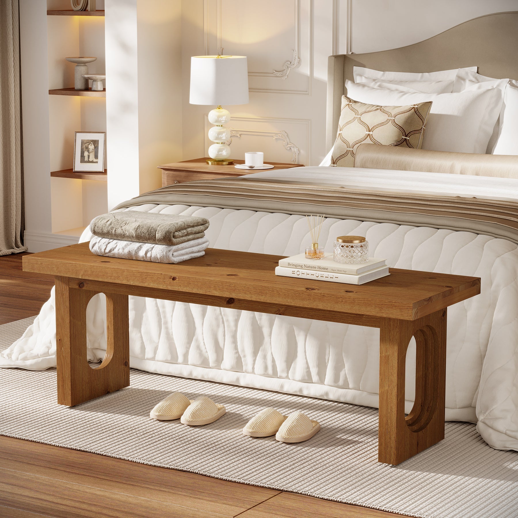 Solid Wood Entryway Bench, 43.3" Farmhouse Shoe Bench with Hollowed Legs