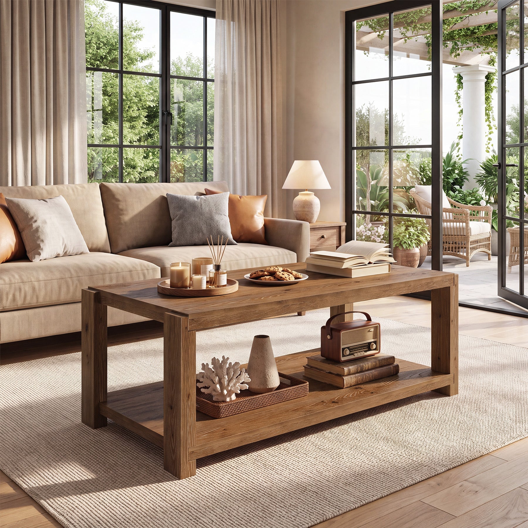 47" Farmhouse Solid Wood Coffee Table, Rectangular Cocktail Table with 2-Tier Open Shelf